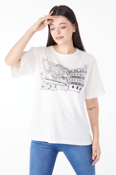 Baskılı Kısa Kollu T-Shirt Ekru - 25389 