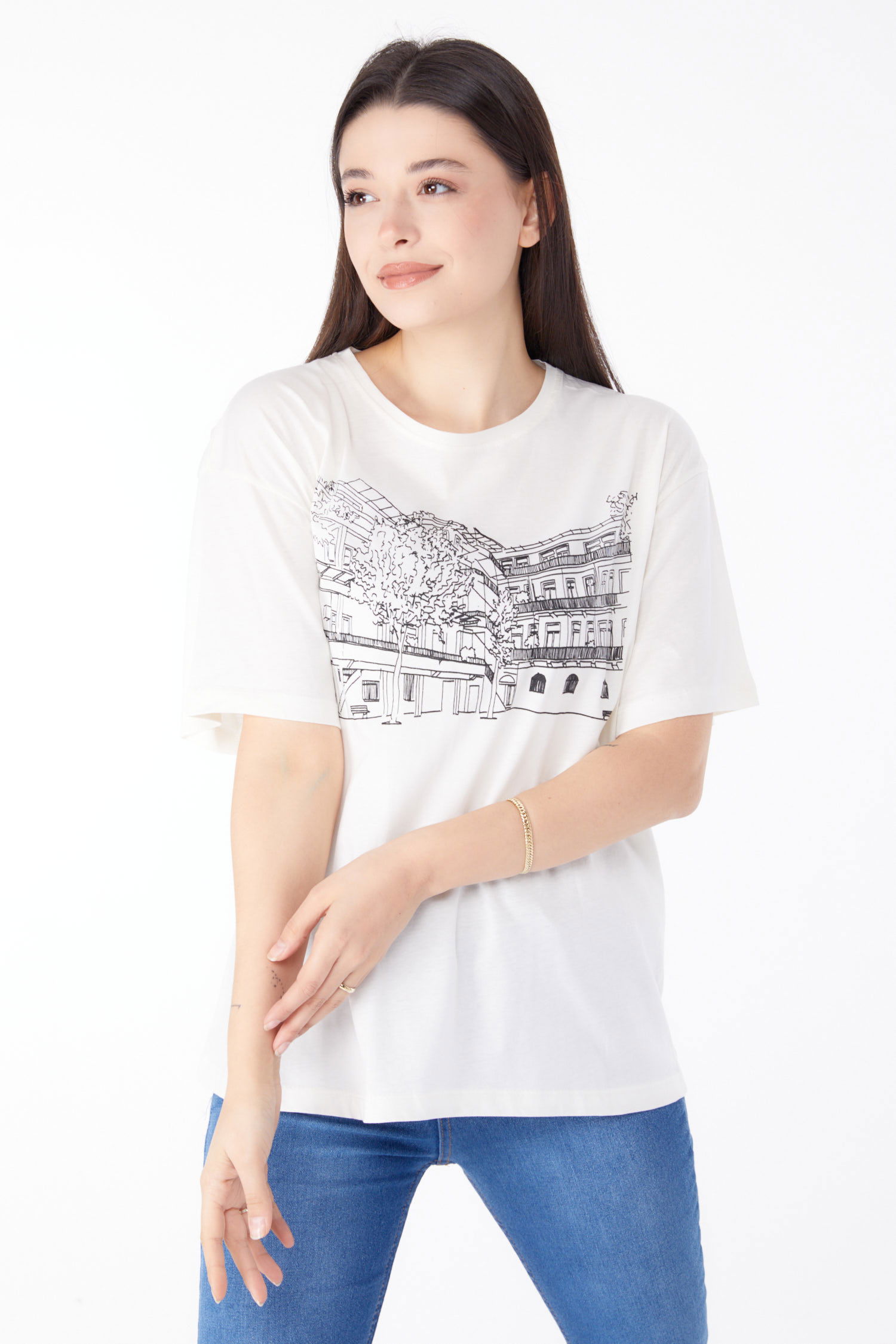 Baskılı Kısa Kollu T-Shirt Ekru - 25389 - 2