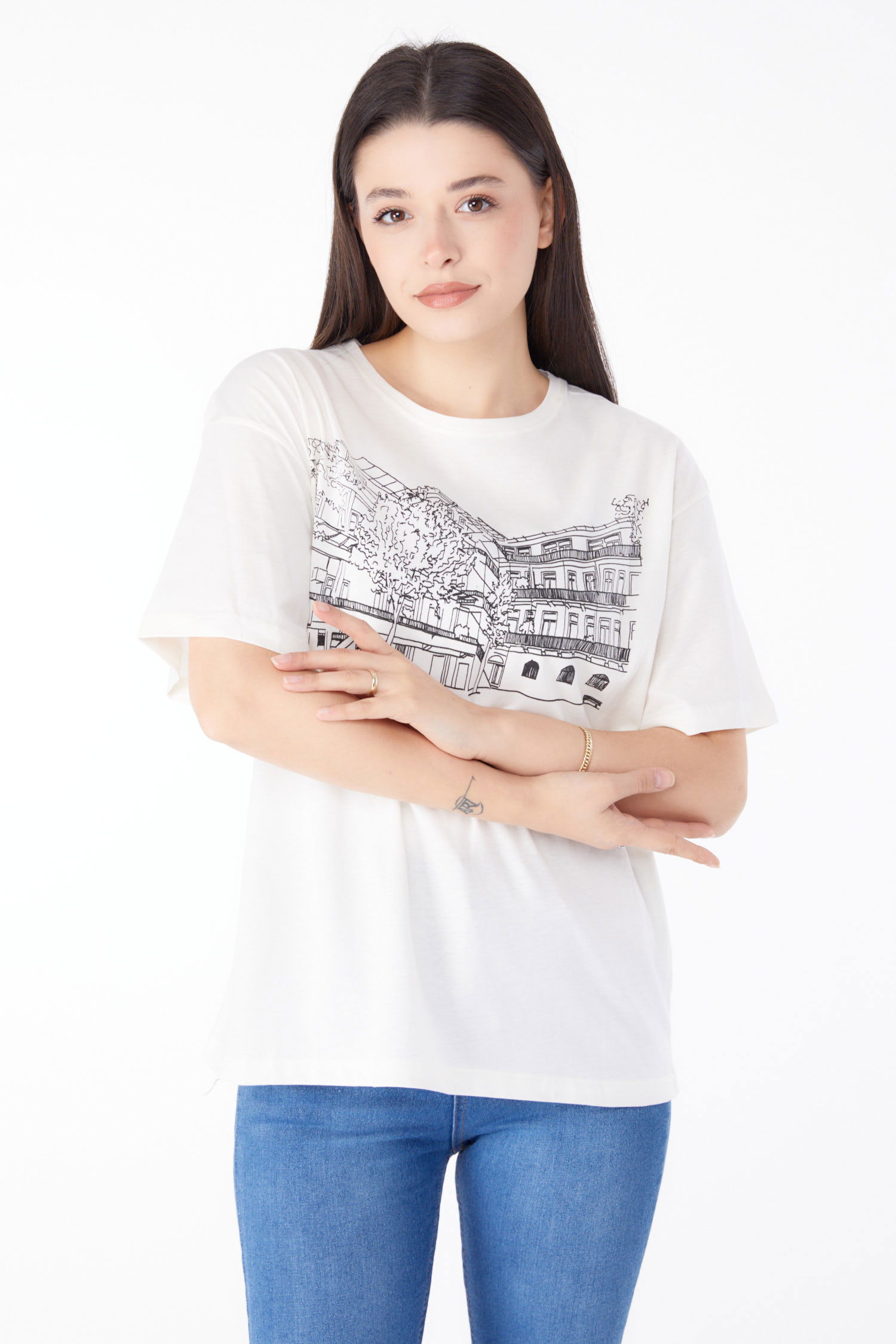 Baskılı Kısa Kollu T-Shirt Ekru - 25389 - 3