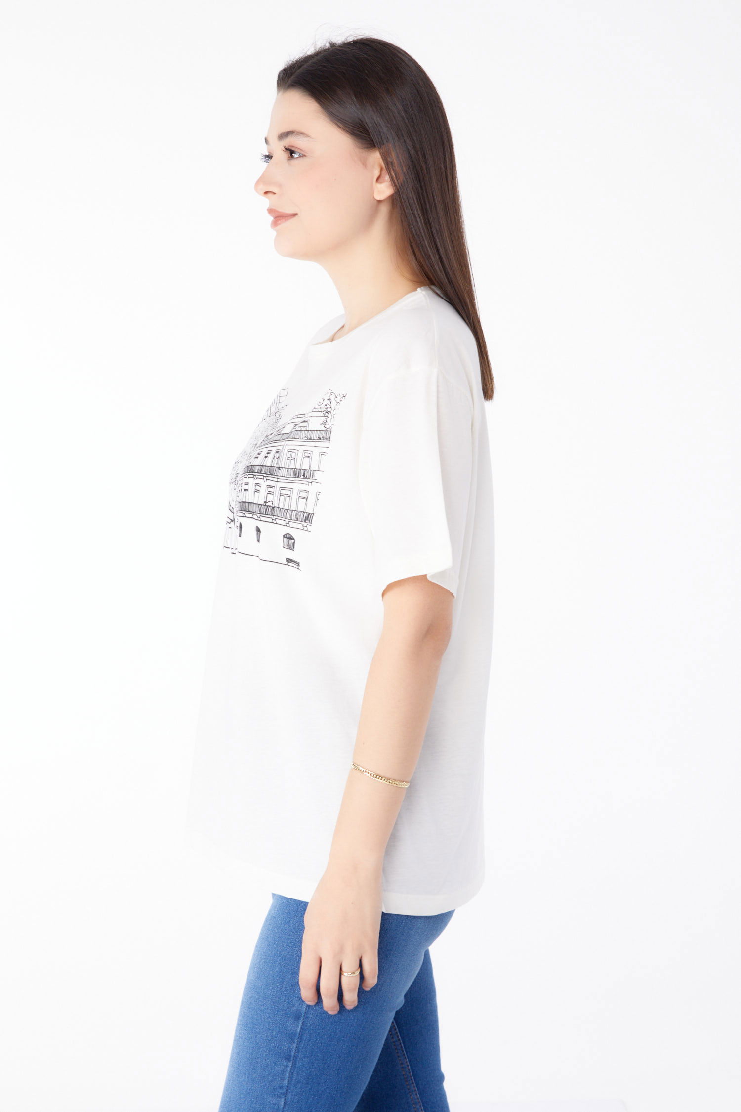 Baskılı Kısa Kollu T-Shirt Ekru - 25389 - 4