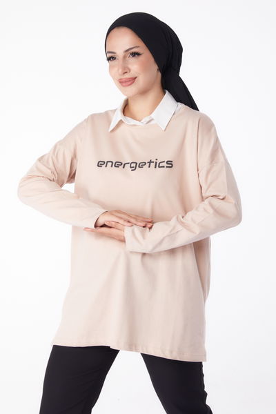 Düz Bisiklet Yaka Kadın Ekru Baskılı Sweat - 26236 