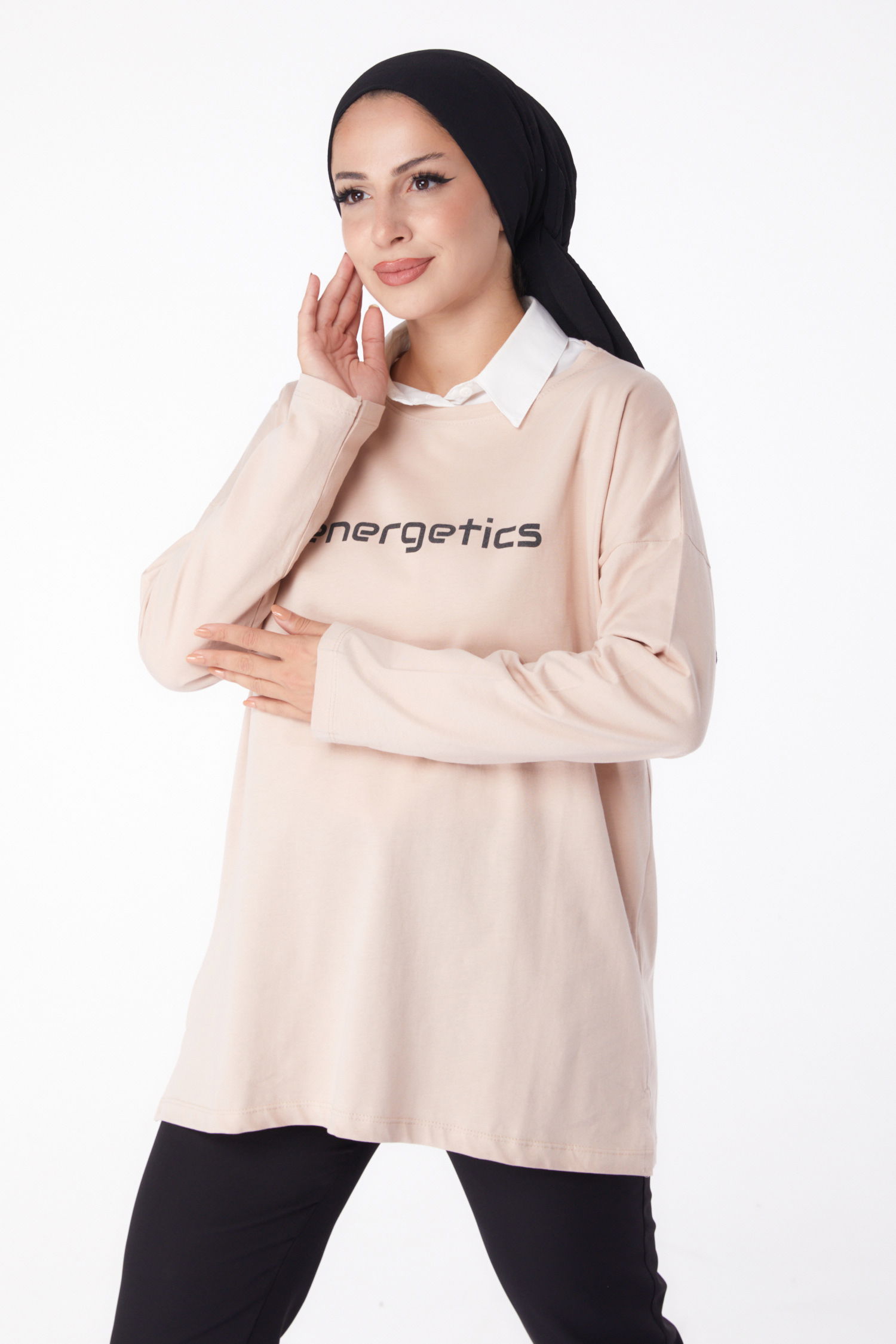 Düz Bisiklet Yaka Kadın Ekru Baskılı Sweat - 26236 - 2