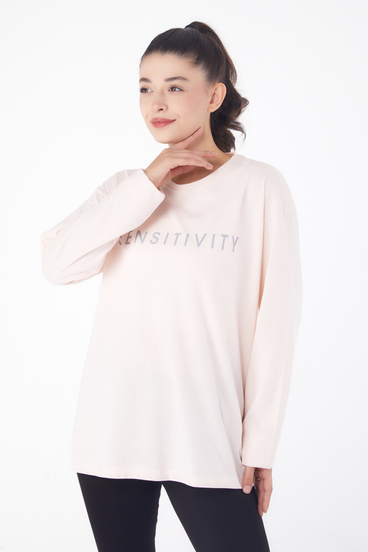 Düz Bisiklet Yaka Kadın Ekru Baskılı Sweat - 26237 - 1