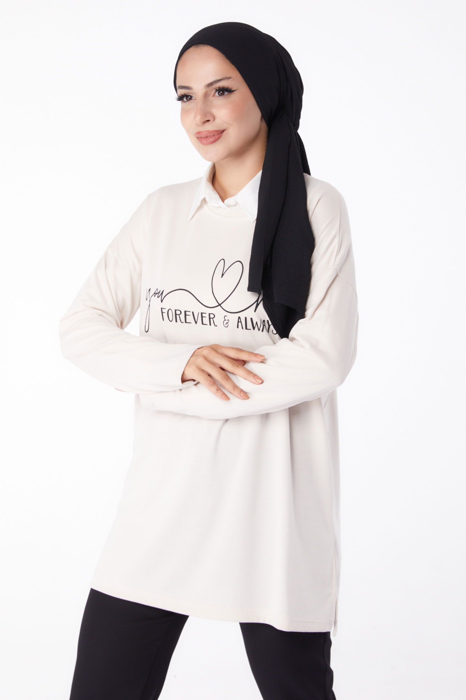 Düz Bisiklet Yaka Kadın Ekru Baskılı Sweat - 26238 - 1