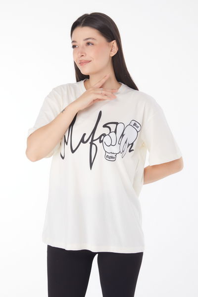 Düz Bisiklet Yaka Kadın Ekru Baskılı T-shirt - 25702 