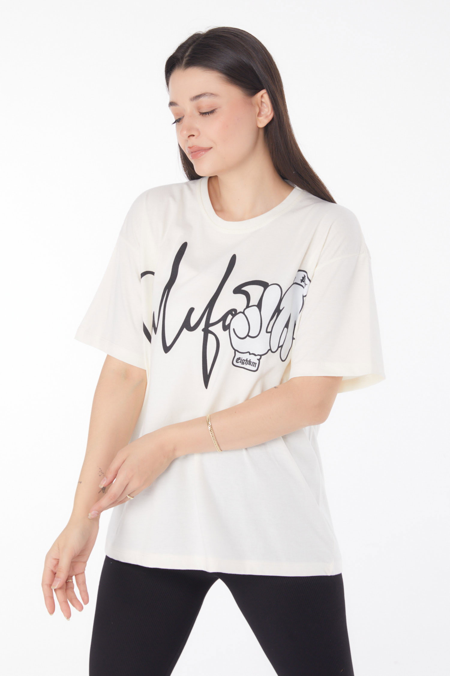 Düz Bisiklet Yaka Kadın Ekru Baskılı T-shirt - 25702 - 2