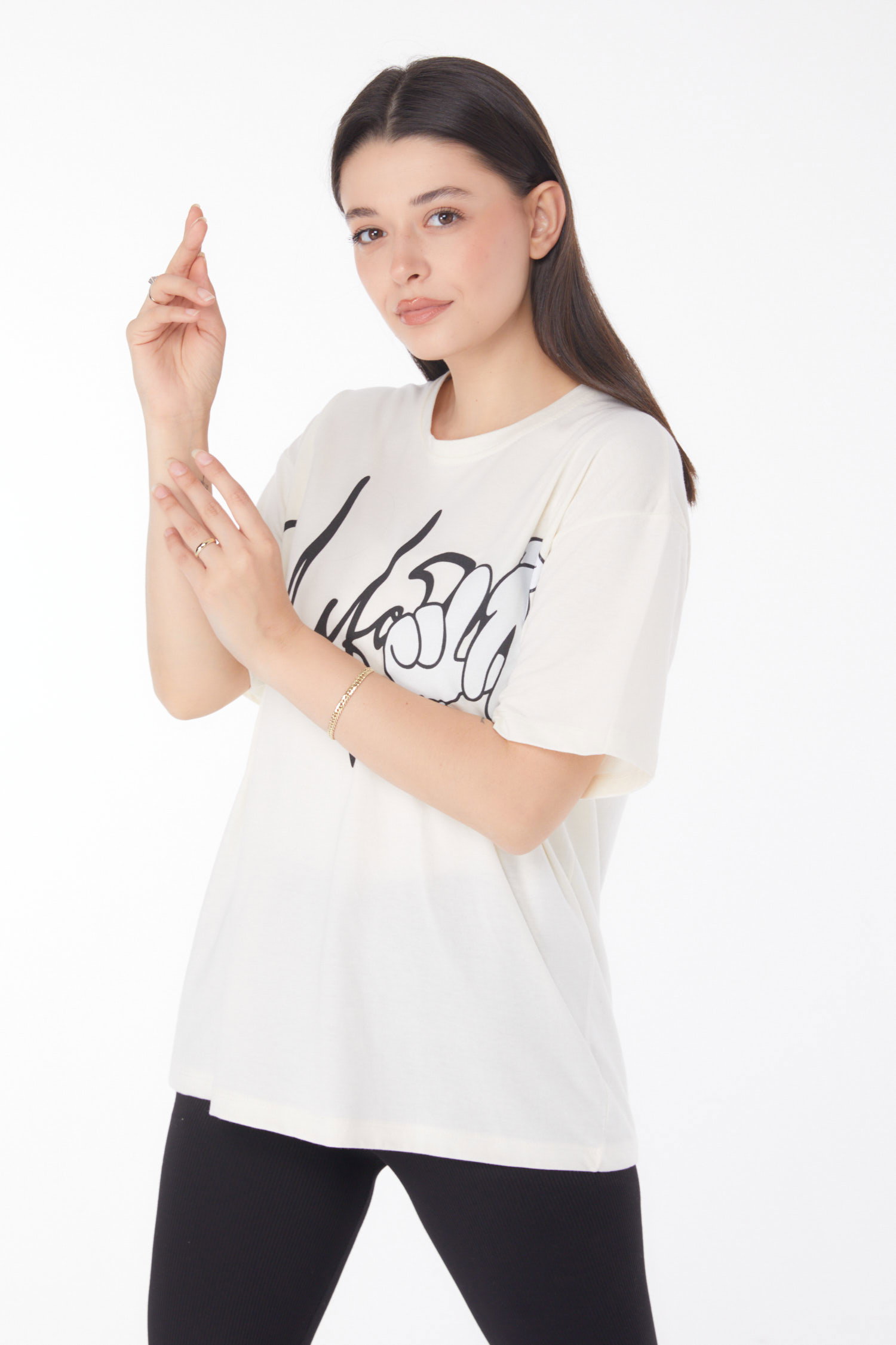 Düz Bisiklet Yaka Kadın Ekru Baskılı T-shirt - 25702 - 3