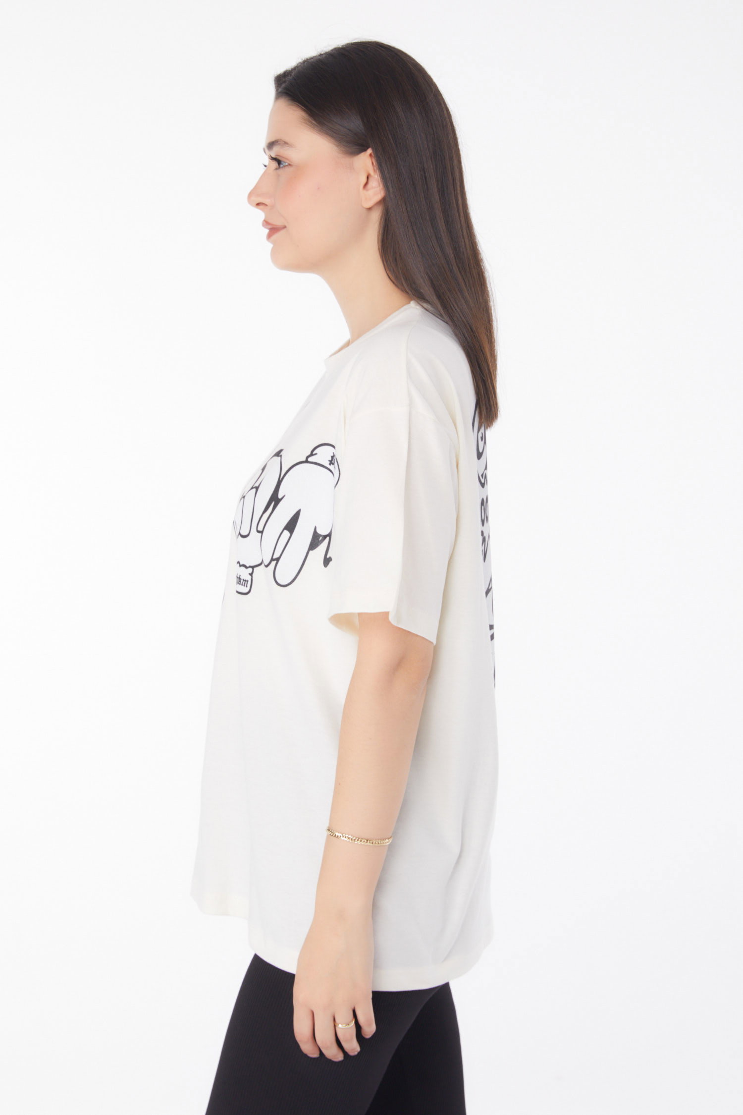 Düz Bisiklet Yaka Kadın Ekru Baskılı T-shirt - 25702 - 4