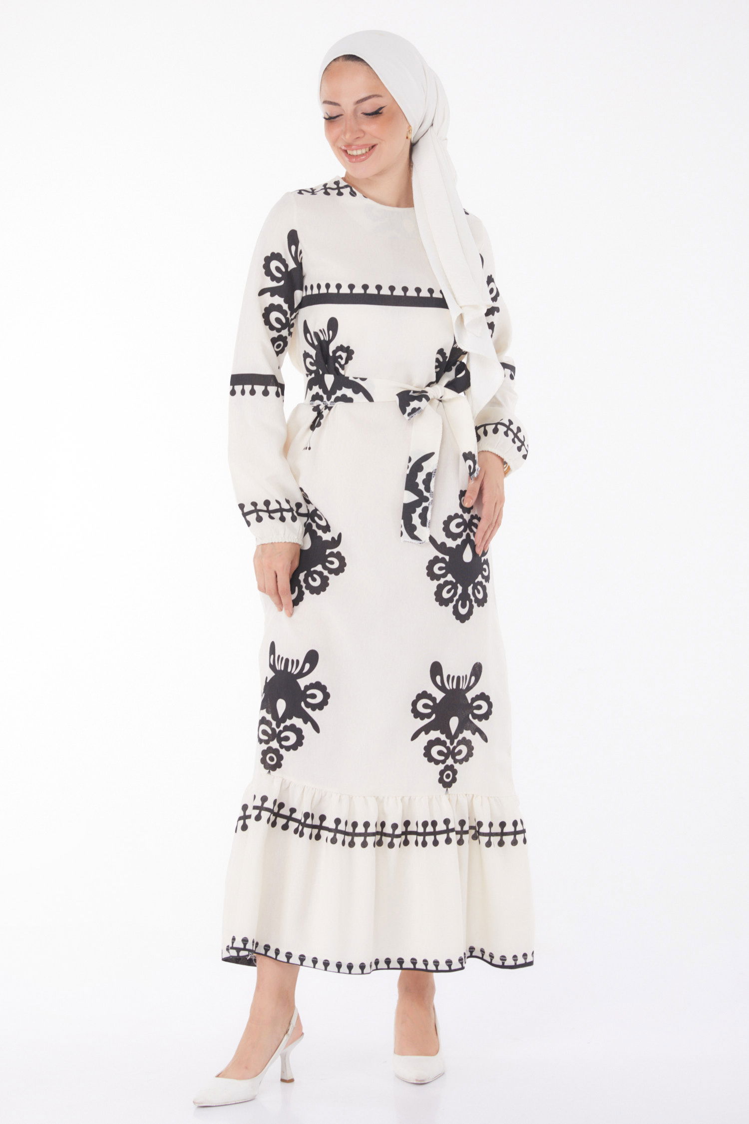 Düz Bisiklet Yaka Kadın Ekru Desenli Kat Elbise - 13241 - 1