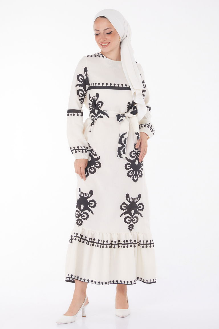 Düz Bisiklet Yaka Kadın Ekru Desenli Kat Elbise - 13241 - TOFİSA