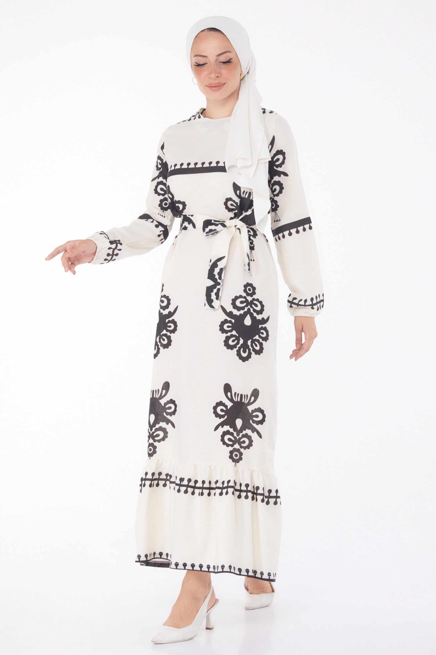 Düz Bisiklet Yaka Kadın Ekru Desenli Kat Elbise - 13241 - 3