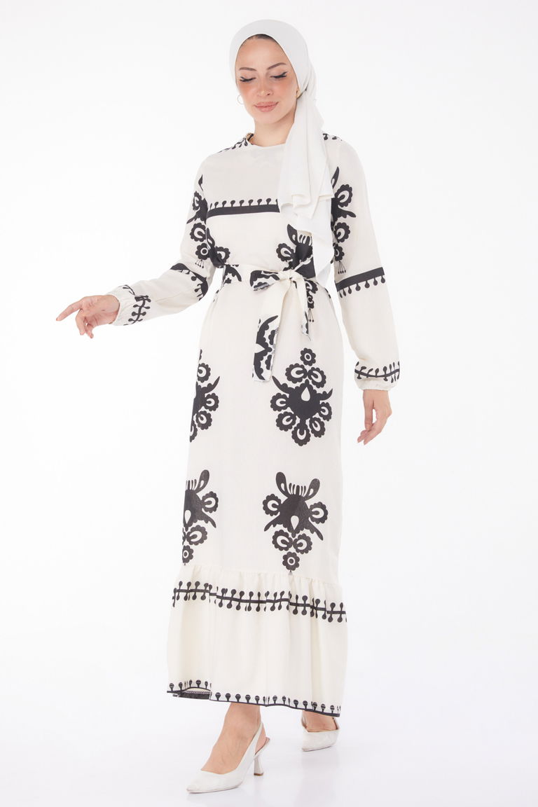 Düz Bisiklet Yaka Kadın Ekru Desenli Kat Elbise - 13241 - TOFİSA