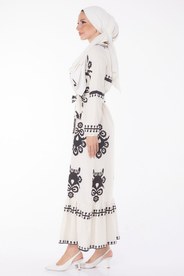 Düz Bisiklet Yaka Kadın Ekru Desenli Kat Elbise - 13241 - TOFİSA