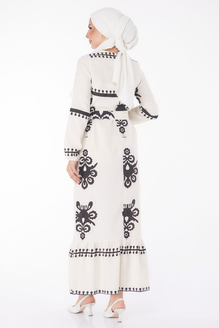 Düz Bisiklet Yaka Kadın Ekru Desenli Kat Elbise - 13241 - TOFİSA