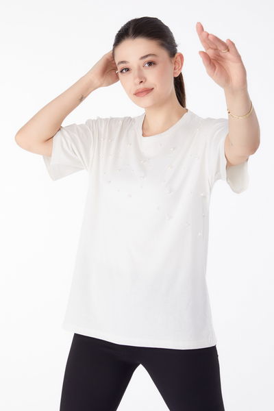 Düz Bisiklet Yaka Kadın Ekru İnci Detaylı T-shirt - 25473 