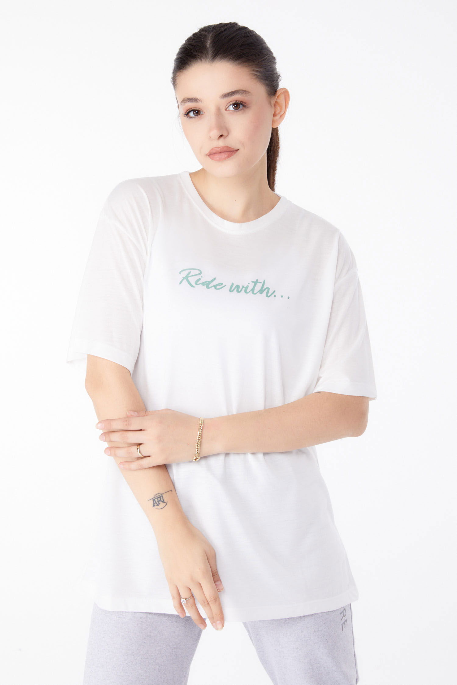 Kısa Kollu Baskılı T-shirt Ekru - 24651 - 1