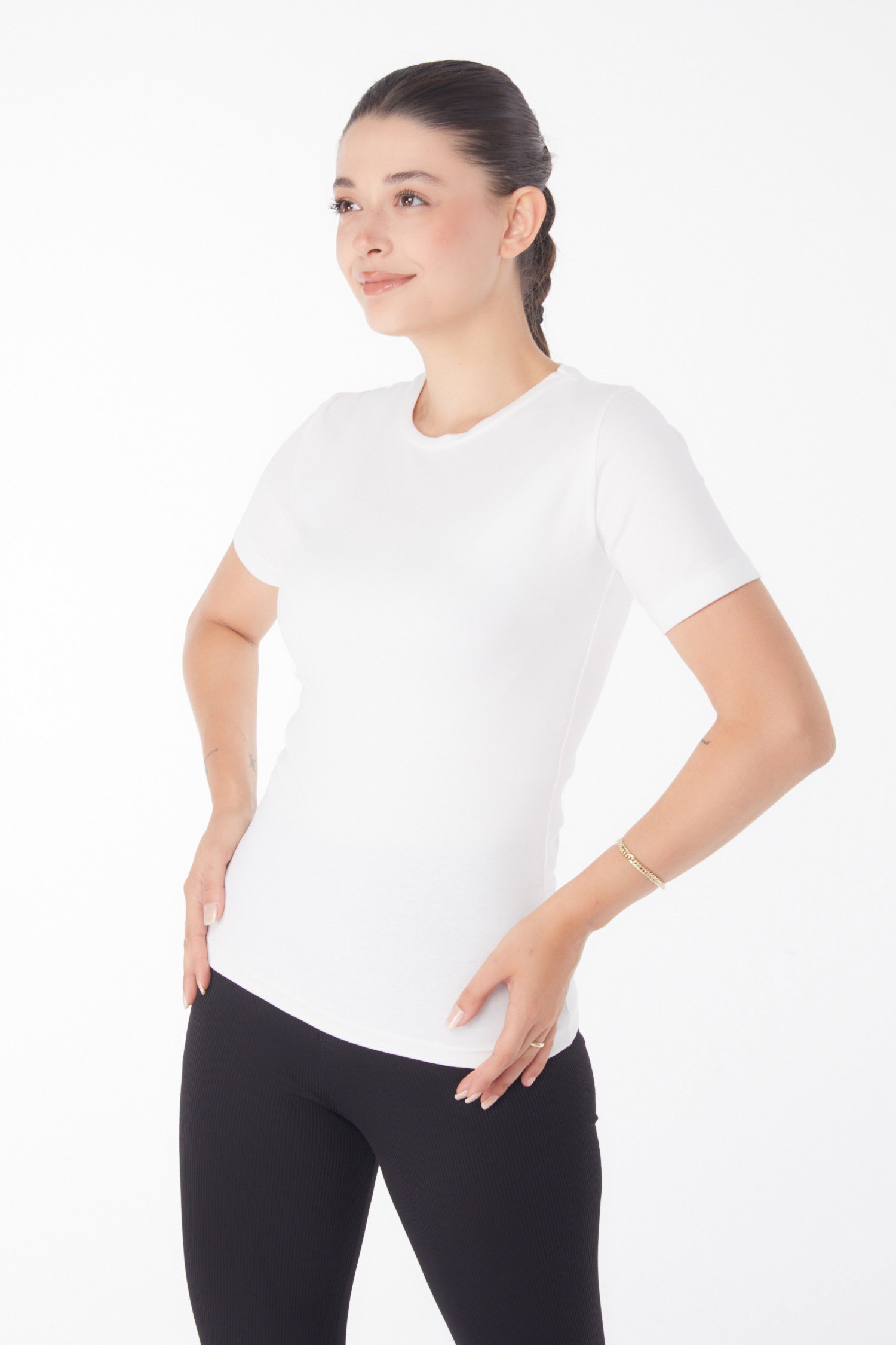 Düz Bisiklet Yaka Kadın Ekru Kısa Kollu T-shirt - 25768 - 3