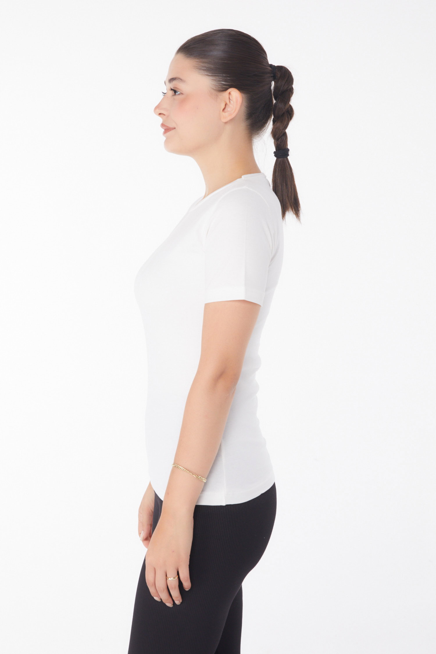 Düz Bisiklet Yaka Kadın Ekru Kısa Kollu T-shirt - 25768 - 4