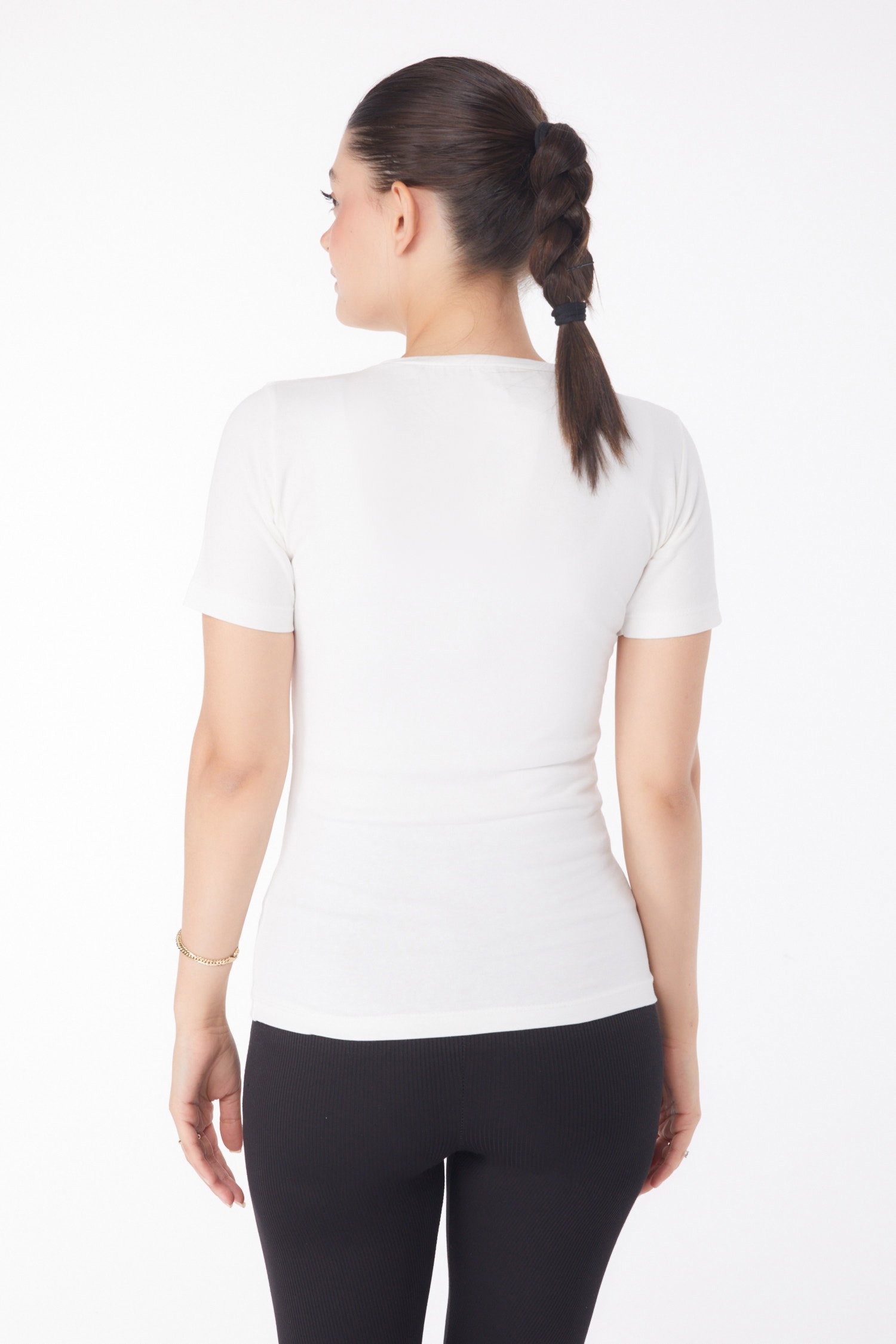 Düz Bisiklet Yaka Kadın Ekru Kısa Kollu T-shirt - 25768 - 5