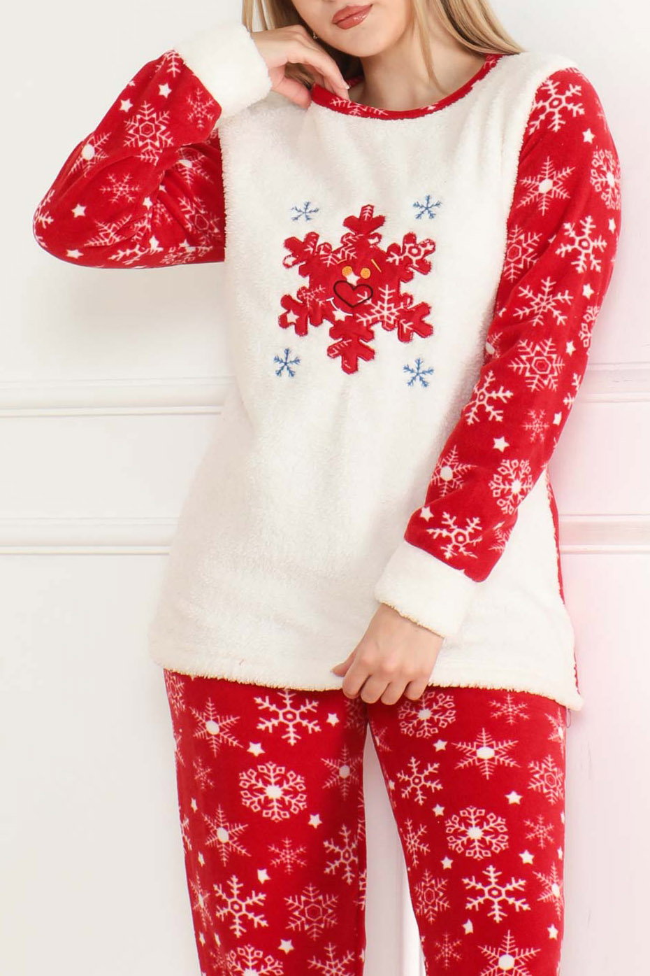 Düz Bisiklet Yaka Kadın Ekru Nakışlı Peluş Polar Pijama Takım - 26639 - 3