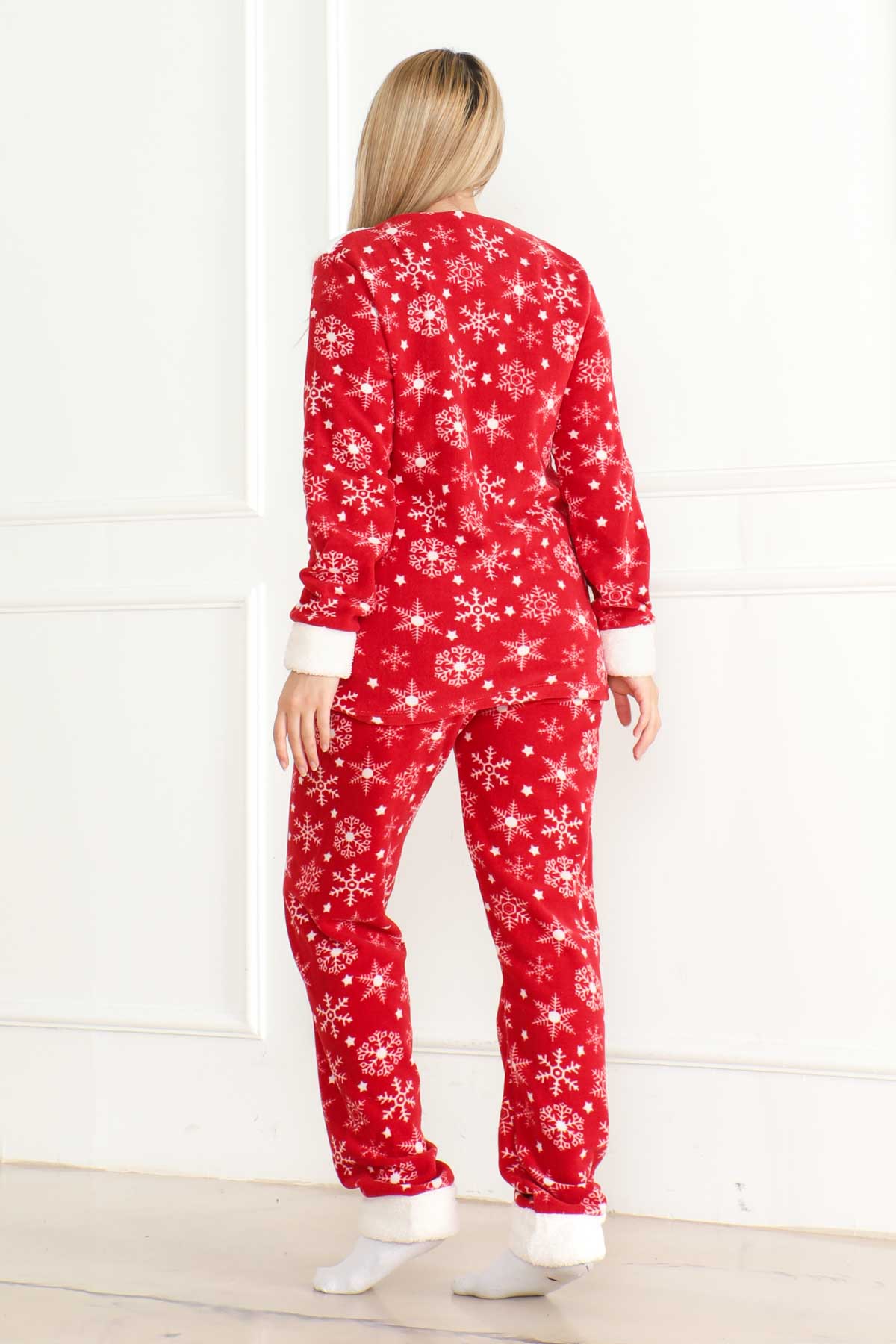 Düz Bisiklet Yaka Kadın Ekru Nakışlı Peluş Polar Pijama Takım - 26639 - 4
