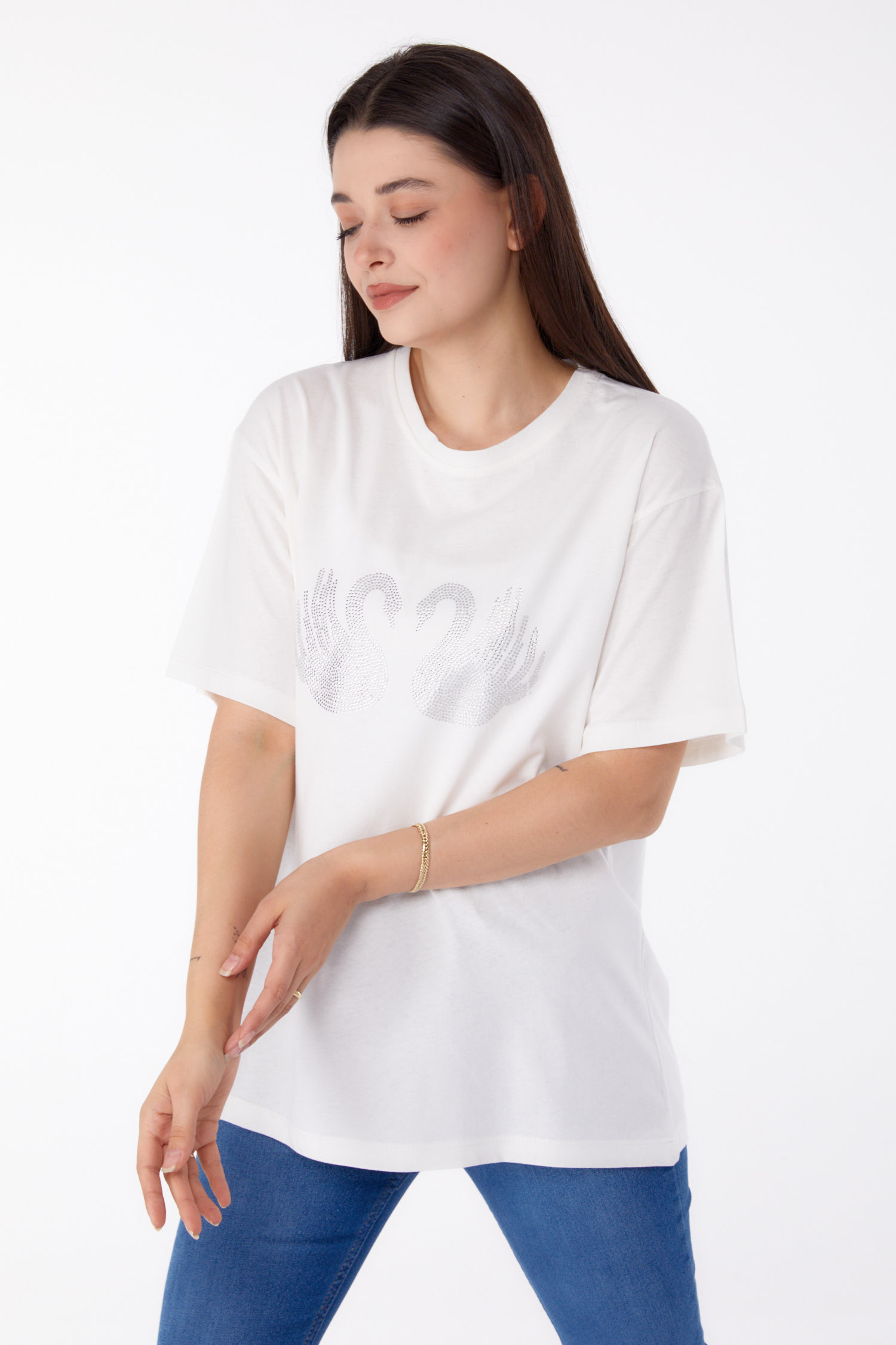 Taşlı T-shirt Ekru - 25696 - 1