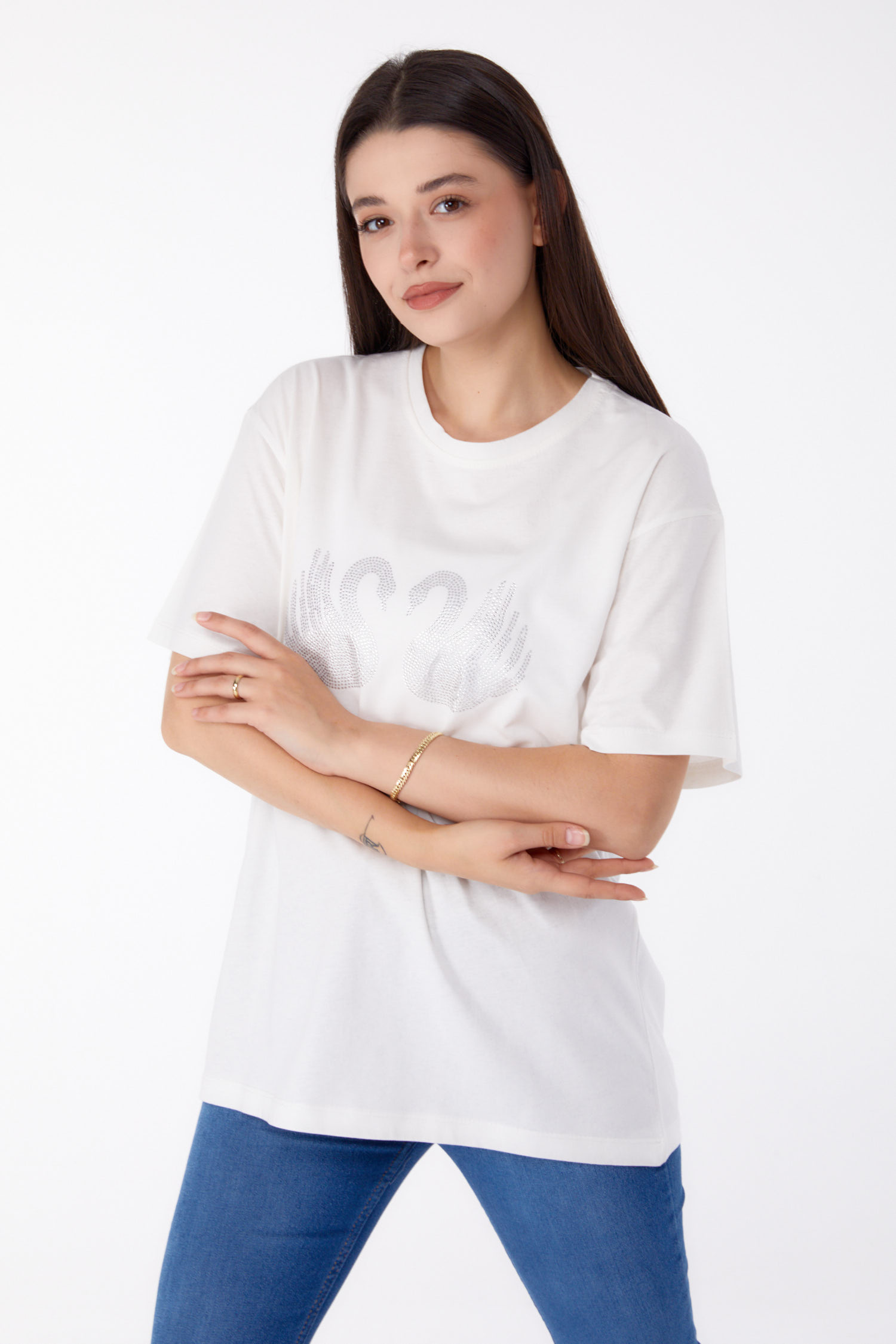 Taşlı T-shirt Ekru - 25696 - 3