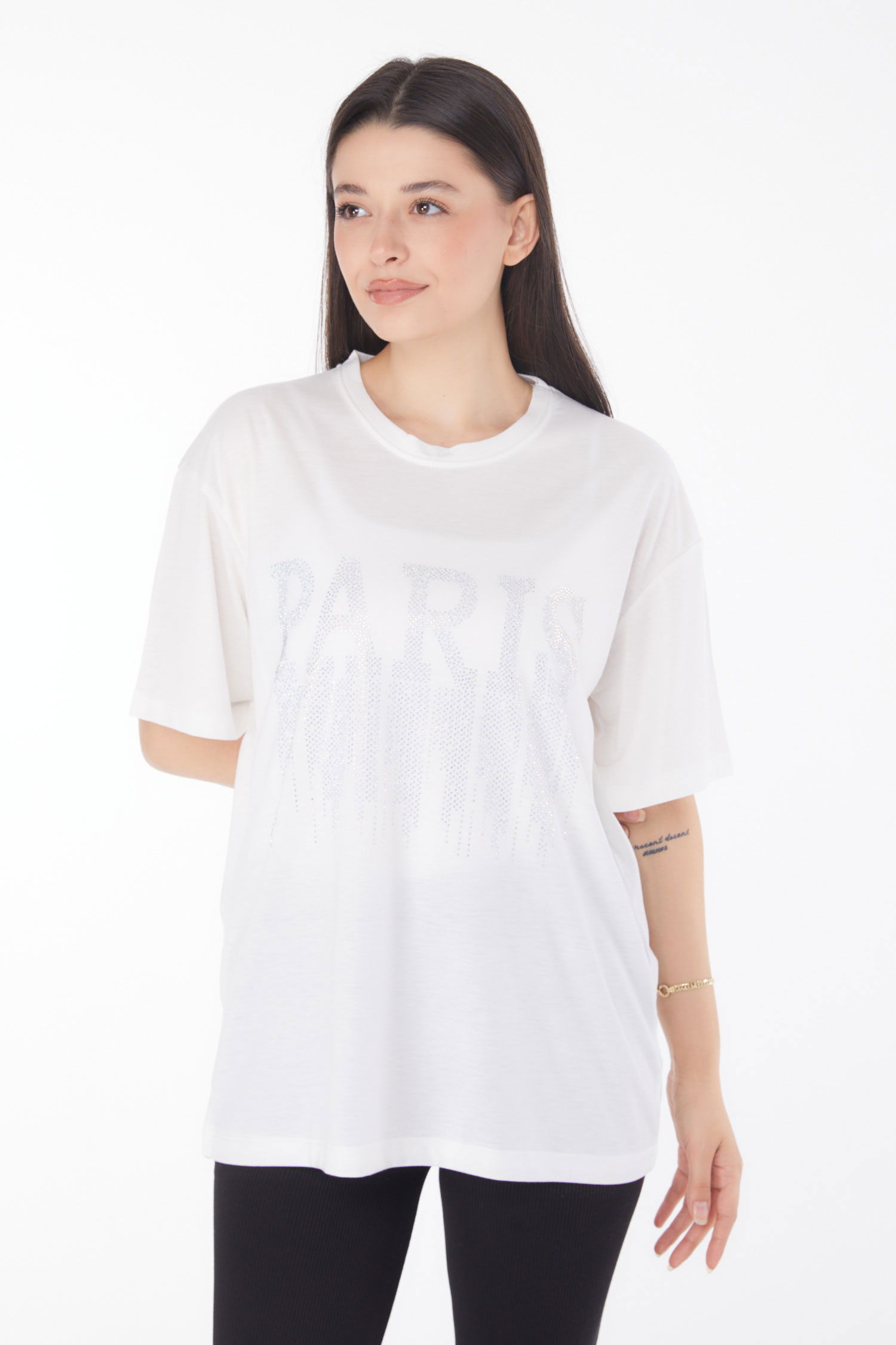 Düz Bisiklet Yaka Kadın Ekru Taşlı T-shirt - 25698 - 1