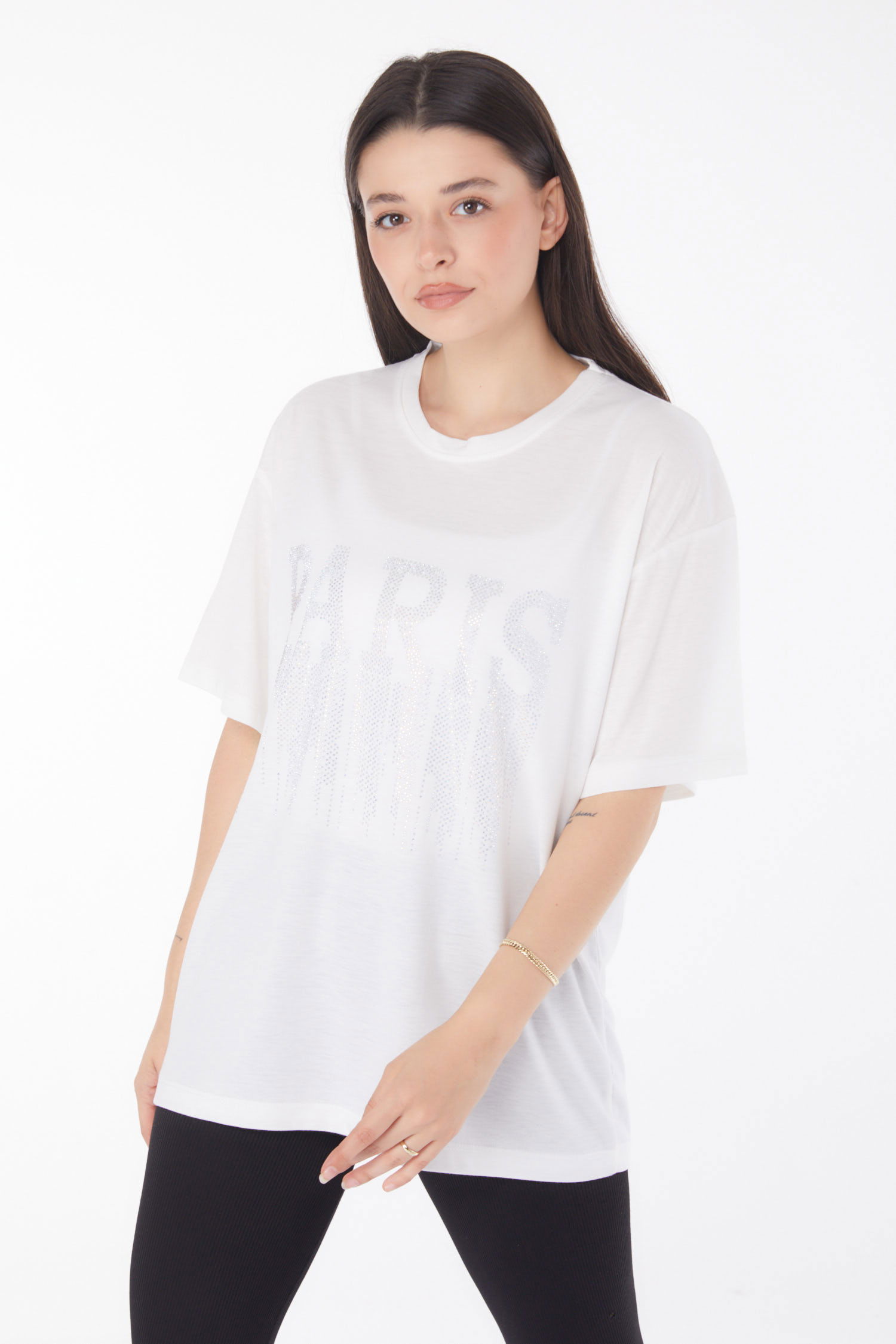 Düz Bisiklet Yaka Kadın Ekru Taşlı T-shirt - 25698 - 2