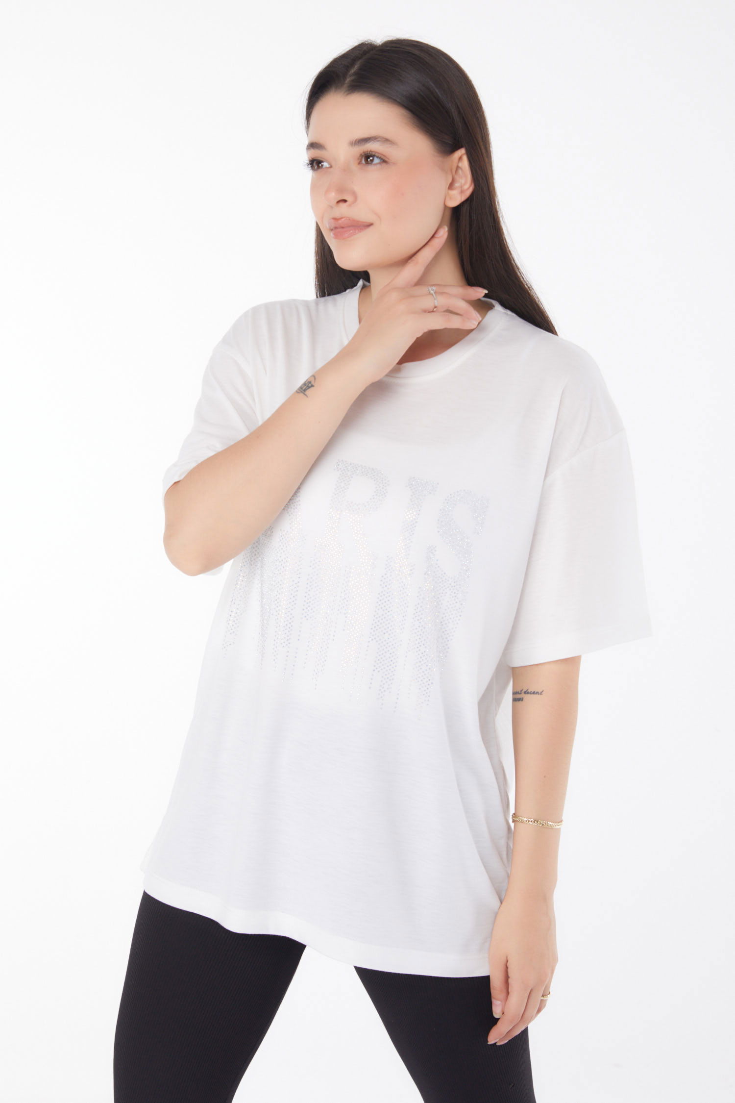 Düz Bisiklet Yaka Kadın Ekru Taşlı T-shirt - 25698 - 3