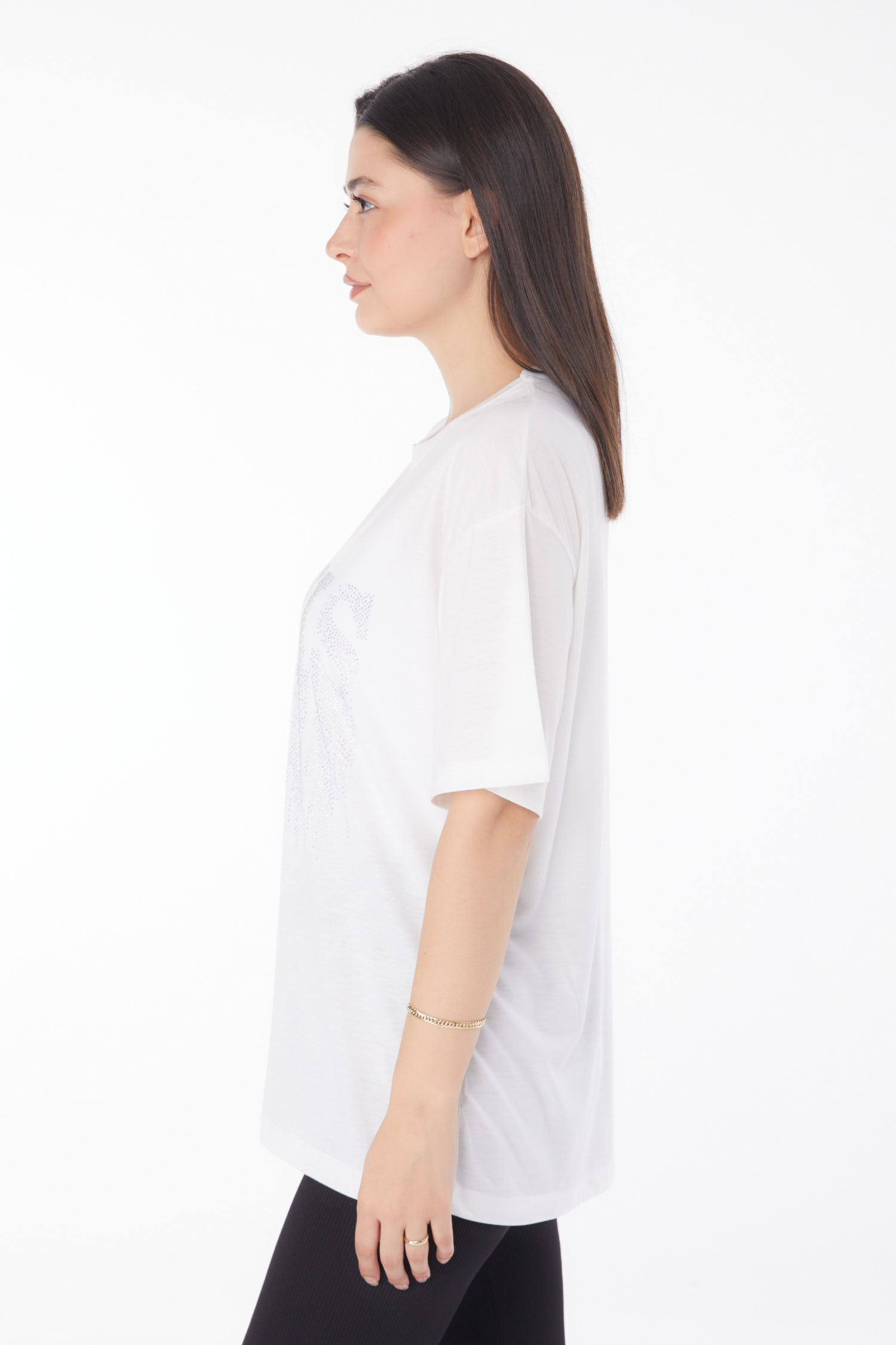 Düz Bisiklet Yaka Kadın Ekru Taşlı T-shirt - 25698 - 4