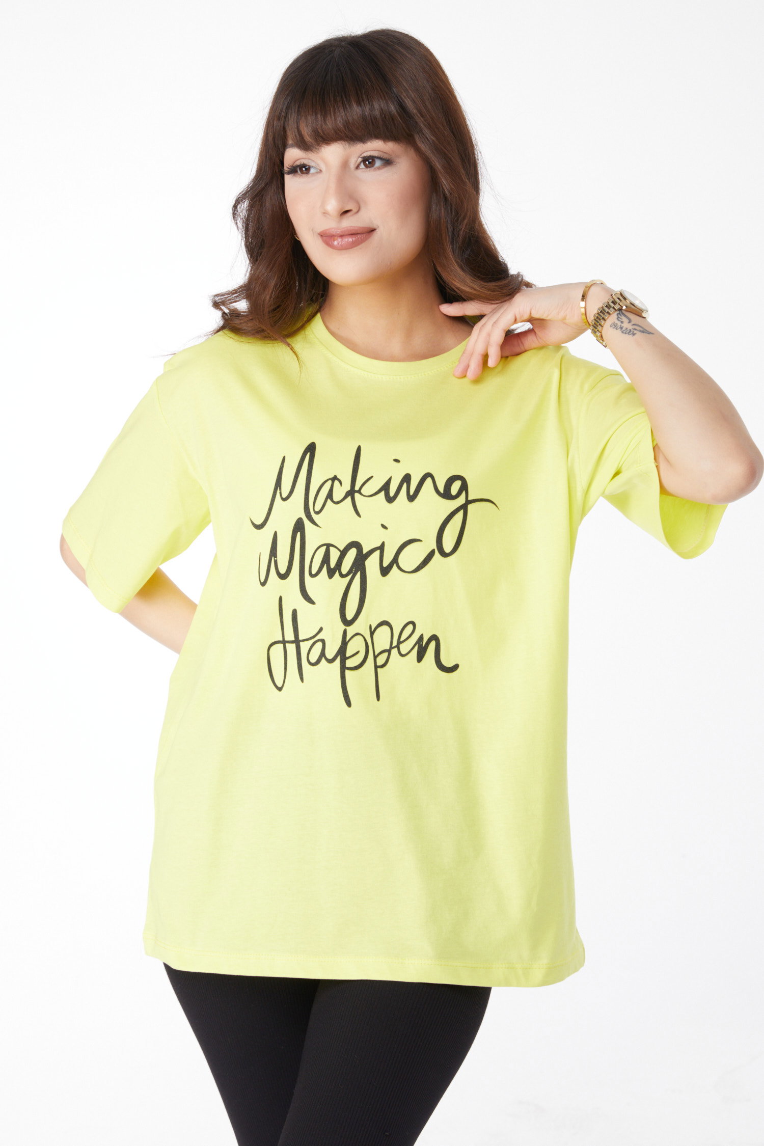 Baskılı T-shirt Fosfor Yeşili - 25173 - 1