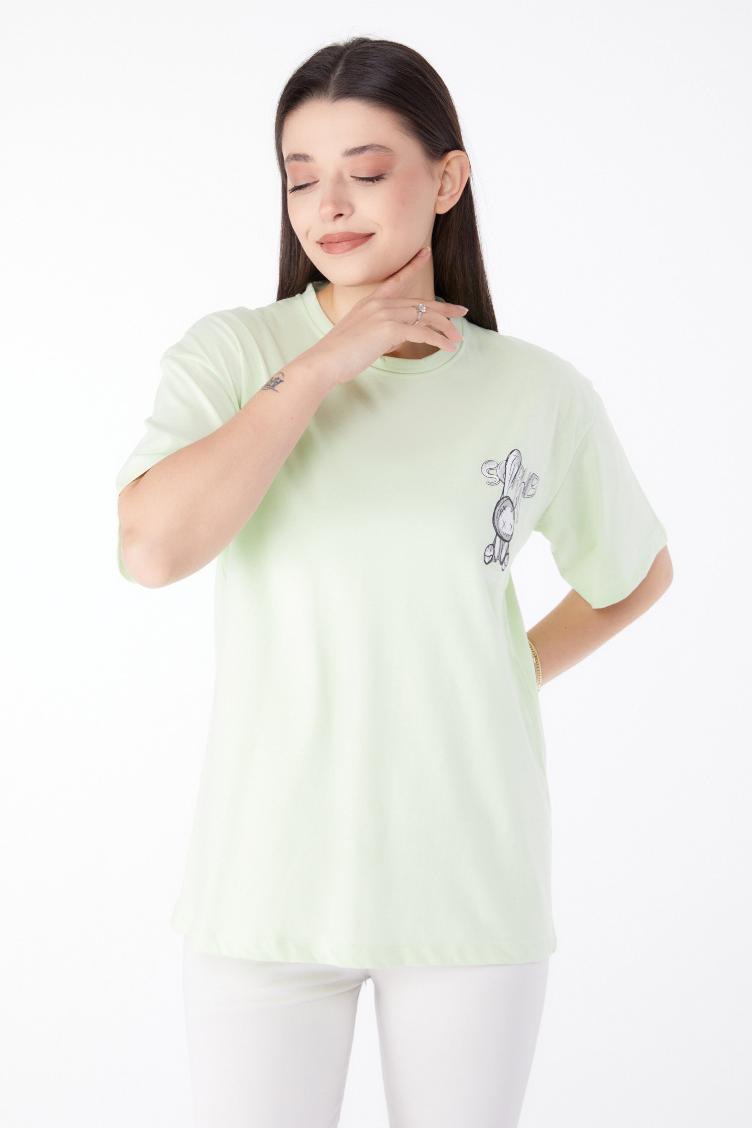 Baskılı T-shirt Fosfor Yeşili - 25288 - 1