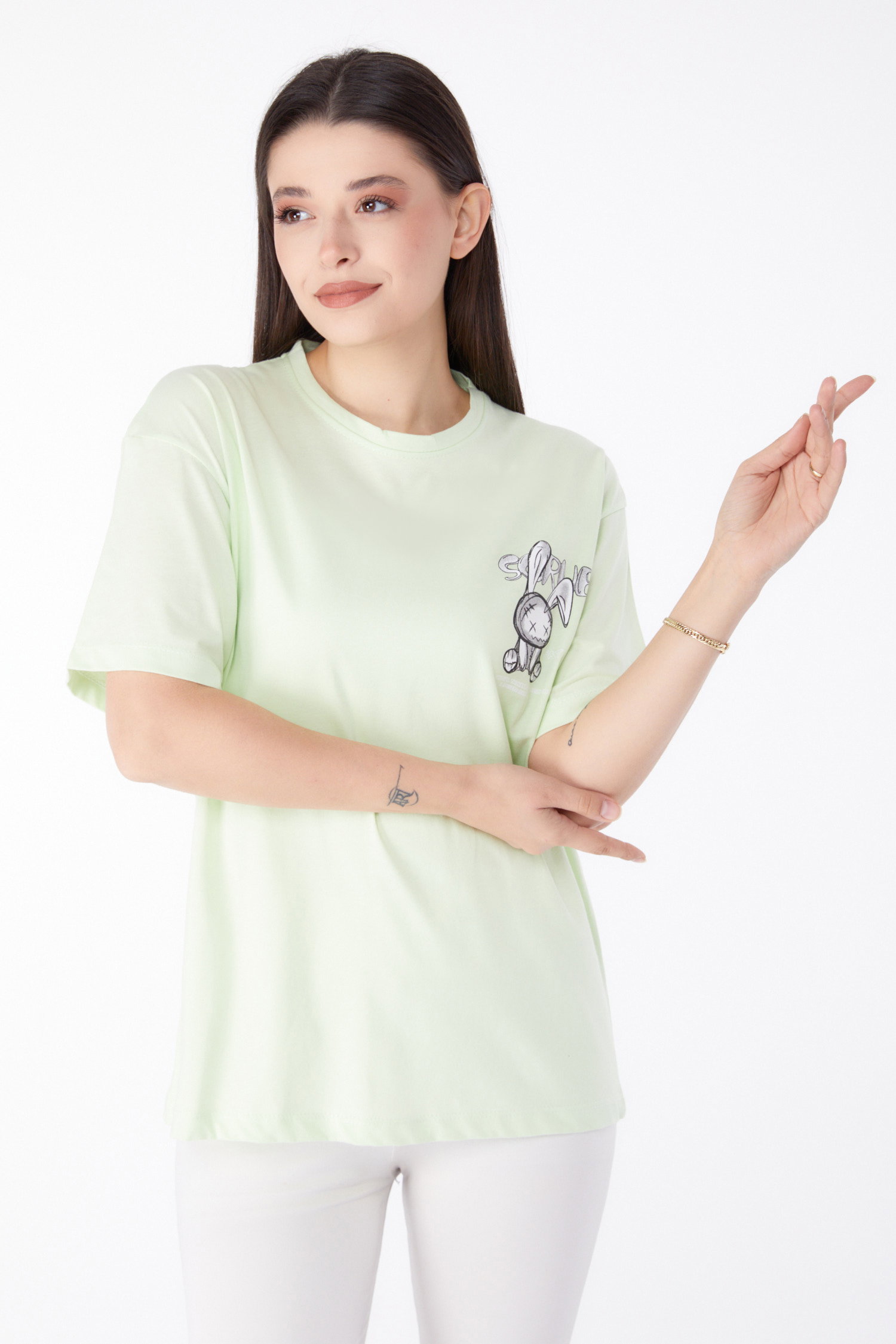 Baskılı T-shirt Fosfor Yeşili - 25288 - 2