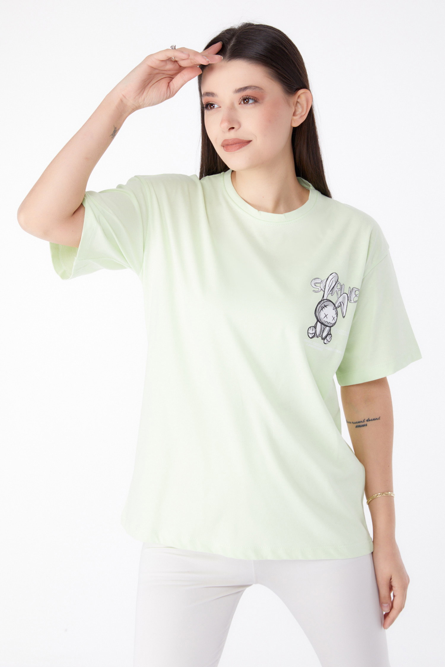 Baskılı T-shirt Fosfor Yeşili - 25288 - 3