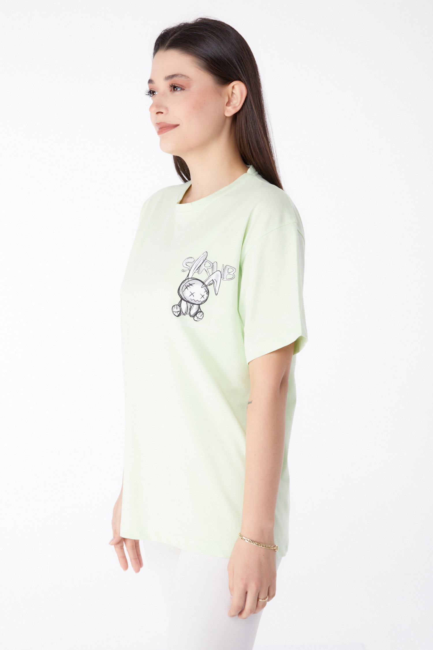 Baskılı T-shirt Fosfor Yeşili - 25288 - 4