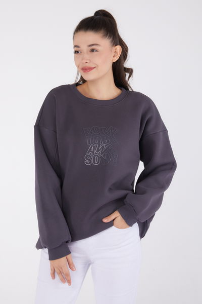 Düz Bisiklet Yaka Kadın Füme Baskılı Sweatshirt - 26475 
