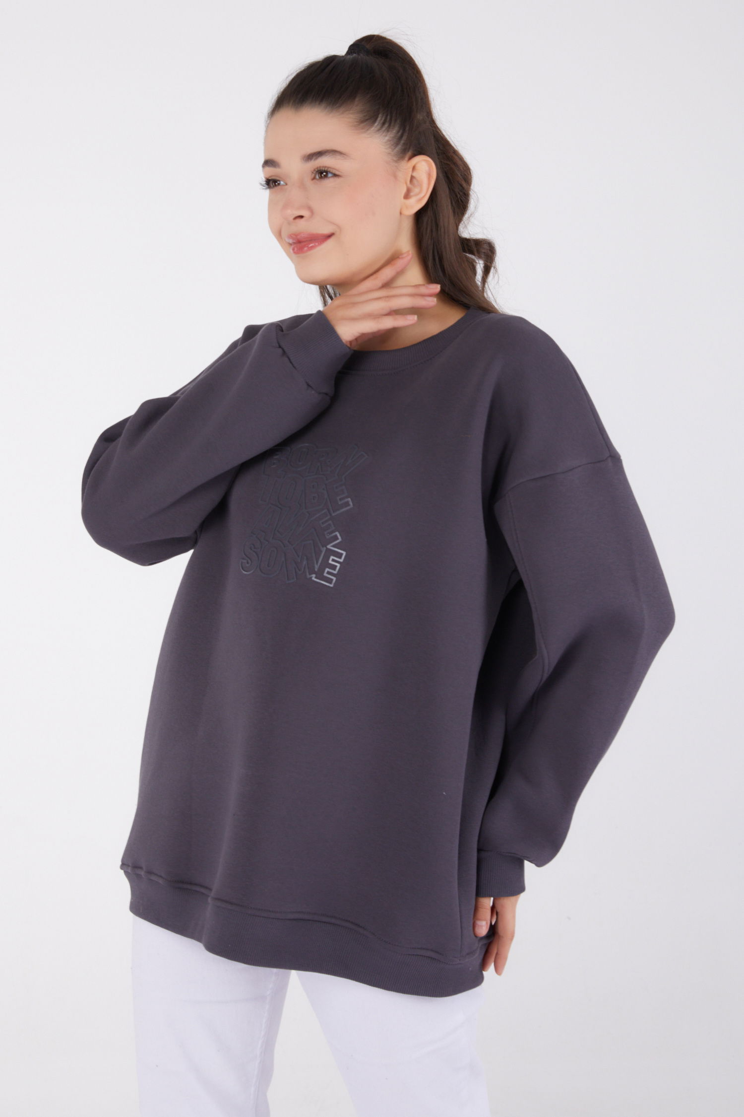 Düz Bisiklet Yaka Kadın Füme Baskılı Sweatshirt - 26475 - 2