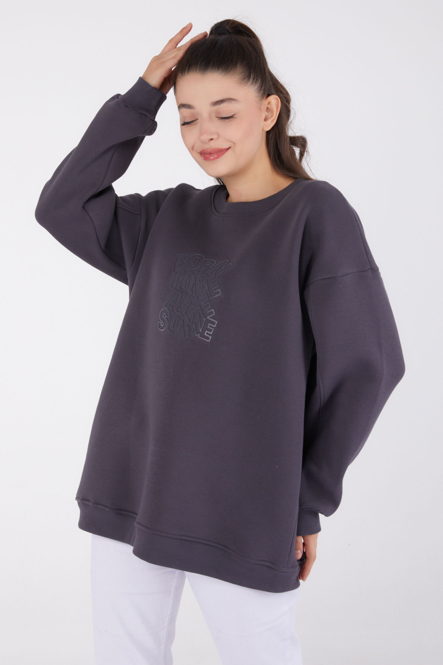 Düz Bisiklet Yaka Kadın Füme Baskılı Sweatshirt - 26475 - 3