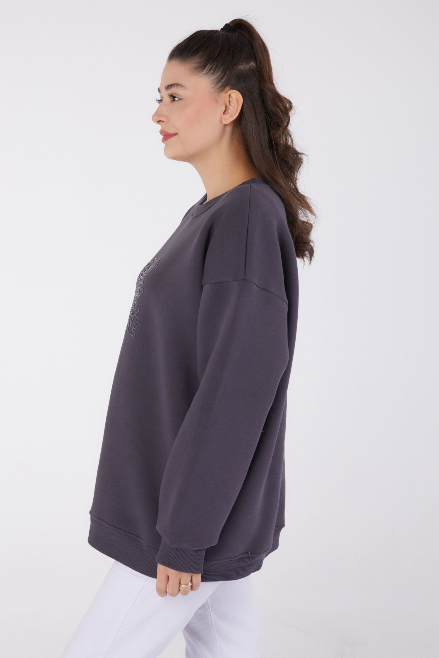 Düz Bisiklet Yaka Kadın Füme Baskılı Sweatshirt - 26475 - 4