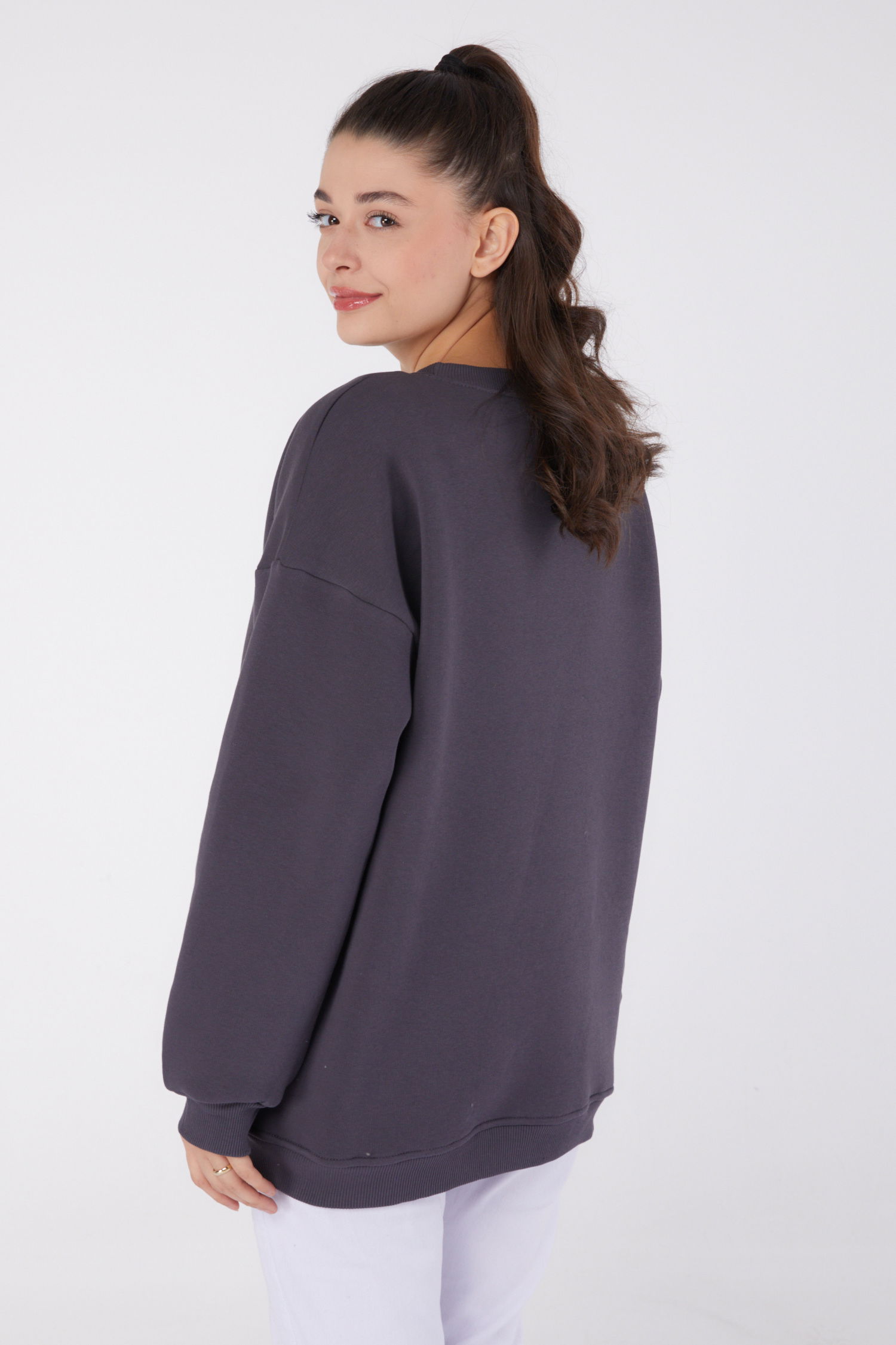 Düz Bisiklet Yaka Kadın Füme Baskılı Sweatshirt - 26475 - 5