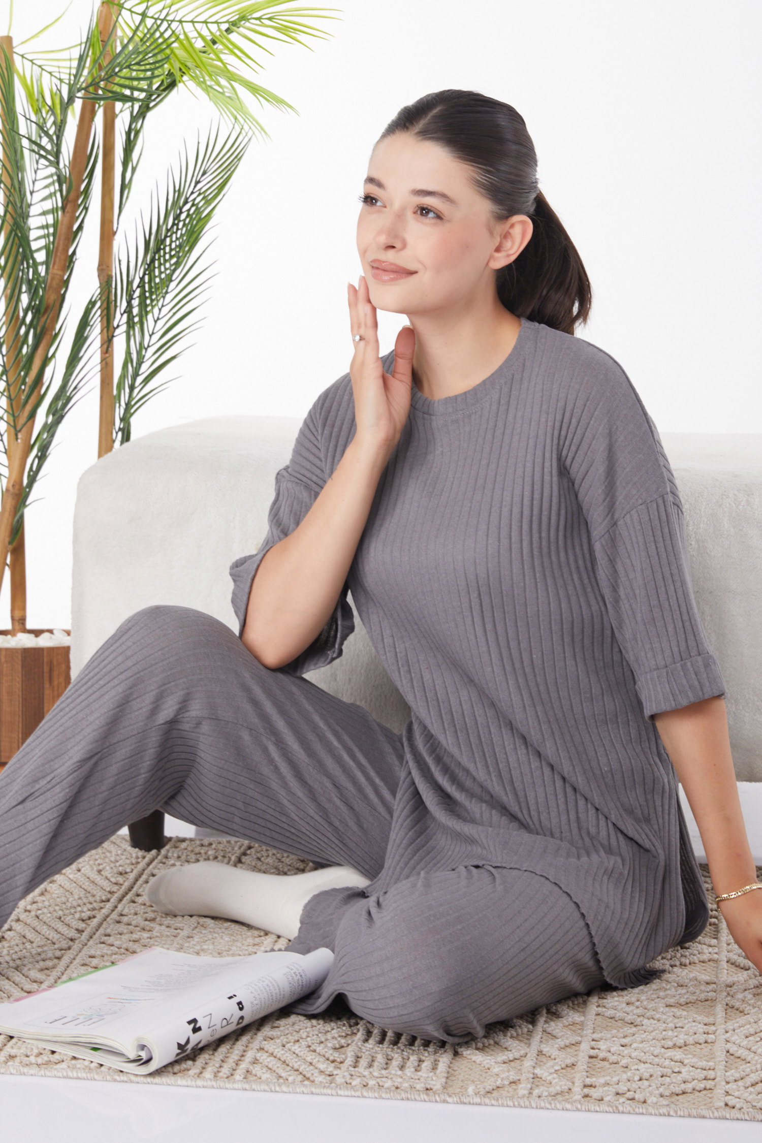 Düz Bisiklet Yaka Kadın Füme Bislet Yaka Kısa Kollu Pijama Takımı - 24453 - 1