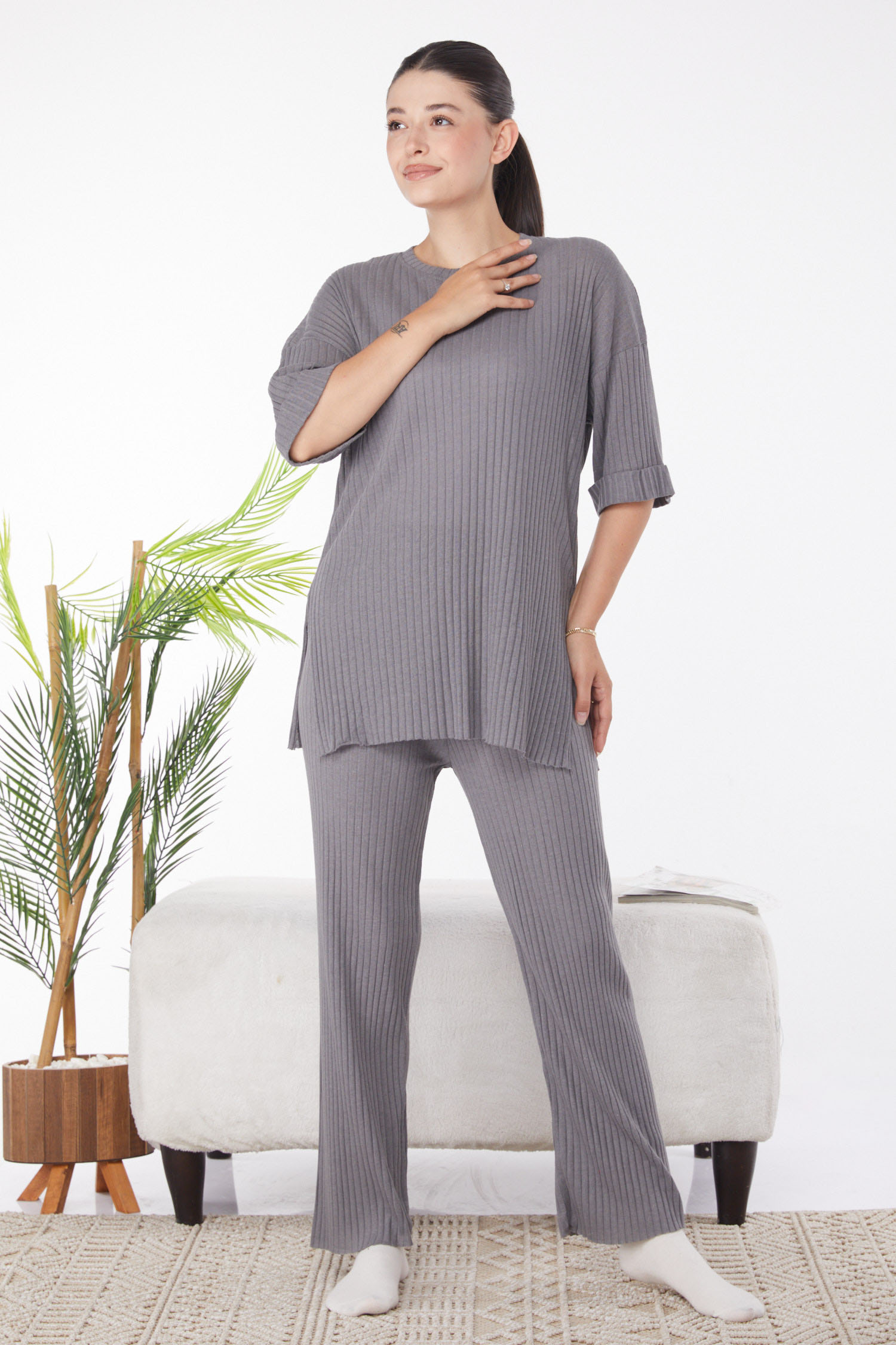 Düz Bisiklet Yaka Kadın Füme Bislet Yaka Kısa Kollu Pijama Takımı - 24453 - 3