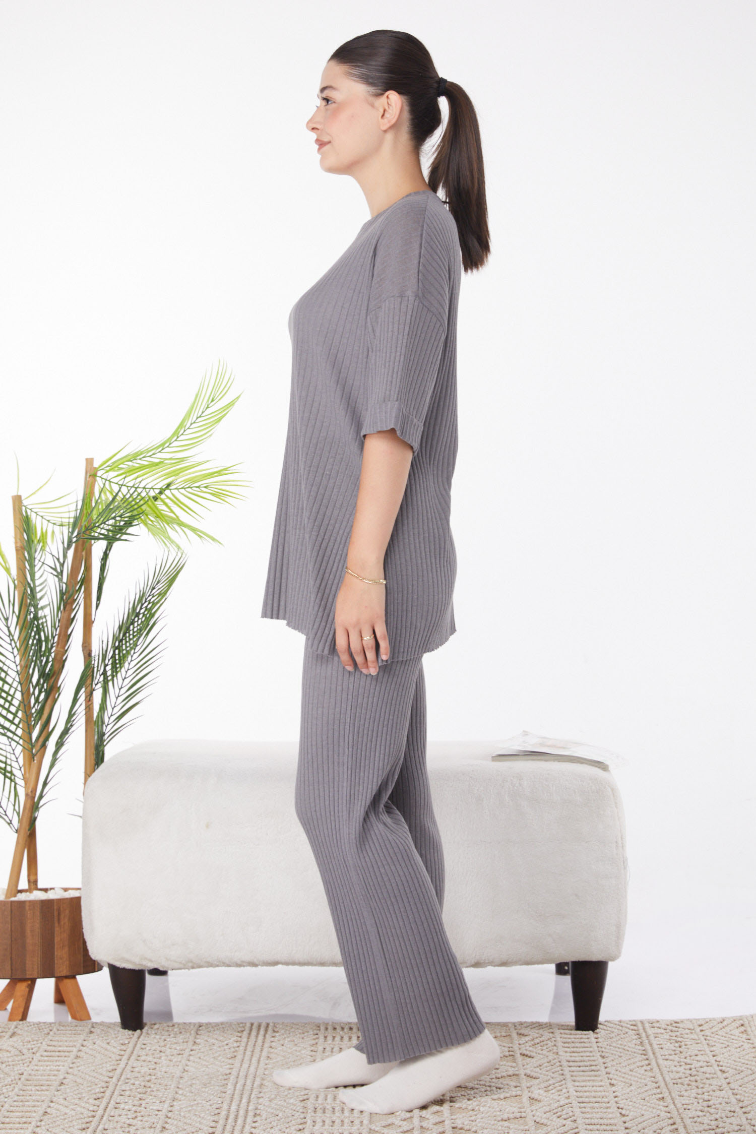 Düz Bisiklet Yaka Kadın Füme Bislet Yaka Kısa Kollu Pijama Takımı - 24453 - 4
