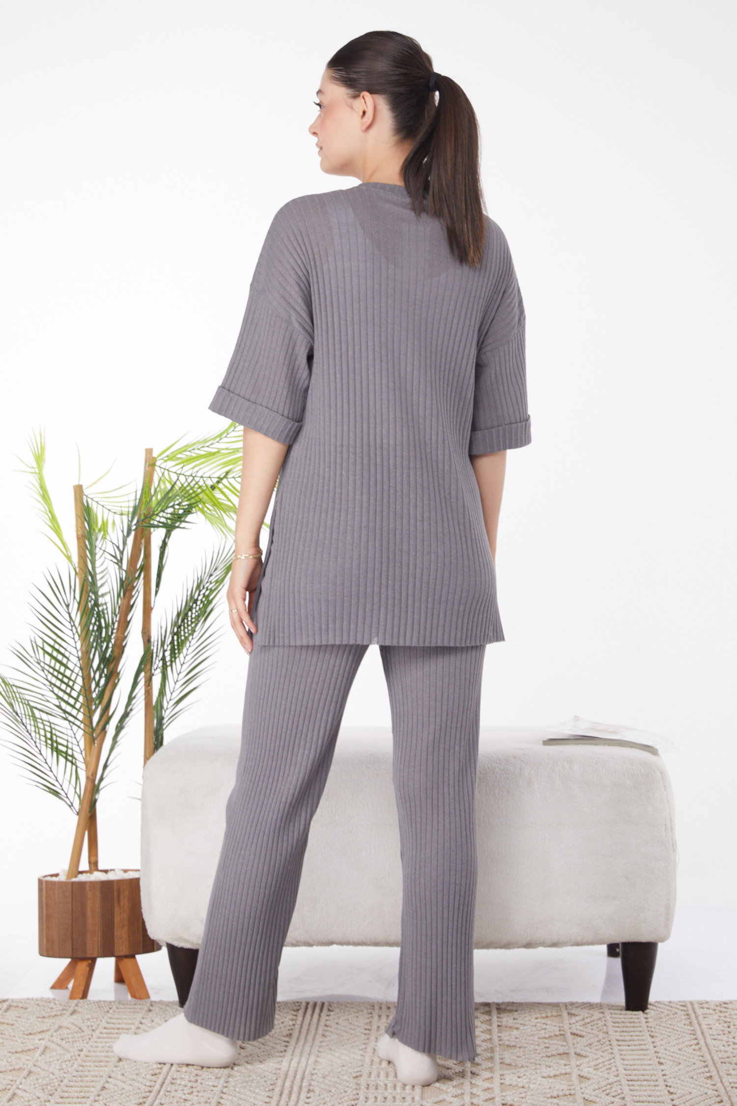 Düz Bisiklet Yaka Kadın Füme Bislet Yaka Kısa Kollu Pijama Takımı - 24453 - 5