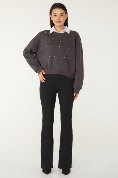 Düz Bisiklet Yaka Kadın Füme Boncuklu Sweatshirt - 26541 