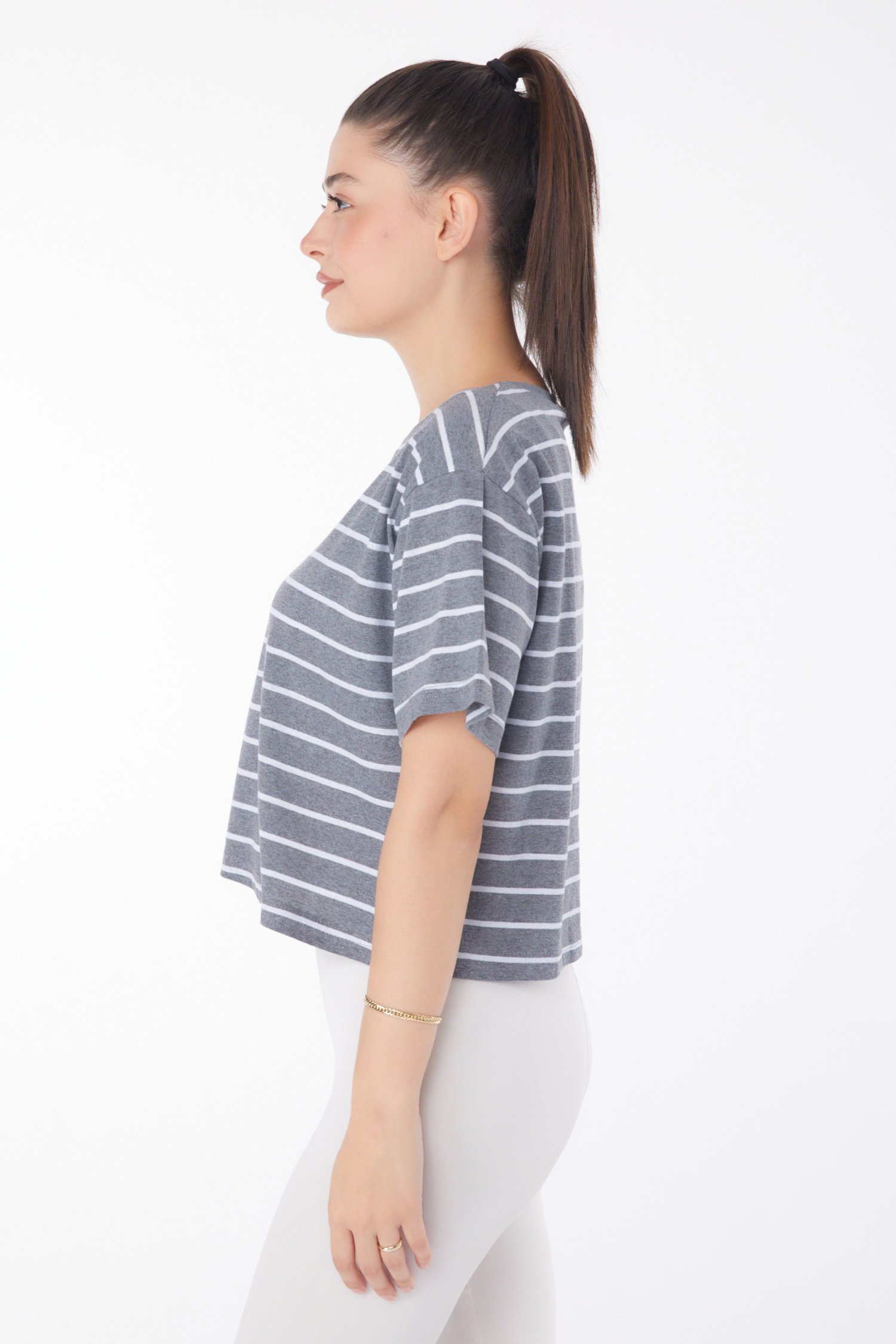 Düz Bisiklet Yaka Kadın Füme Çizgili Kısa Kollu Crop - 25842 - 4
