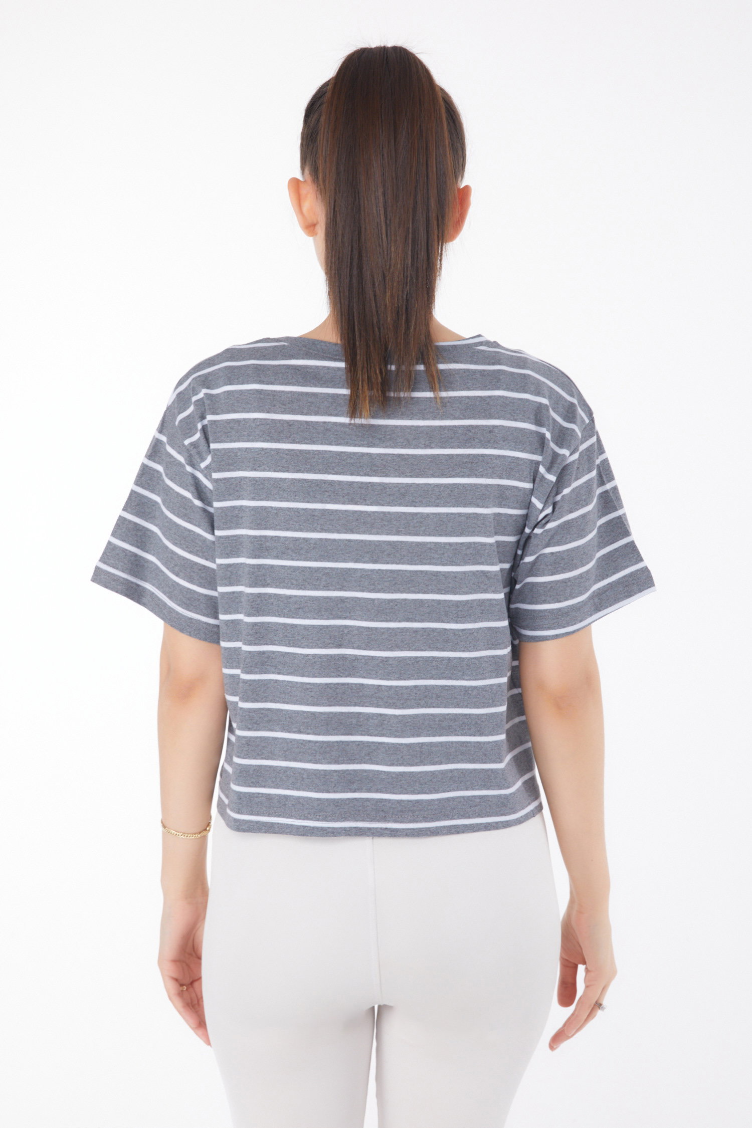 Düz Bisiklet Yaka Kadın Füme Çizgili Kısa Kollu Crop - 25842 - 5