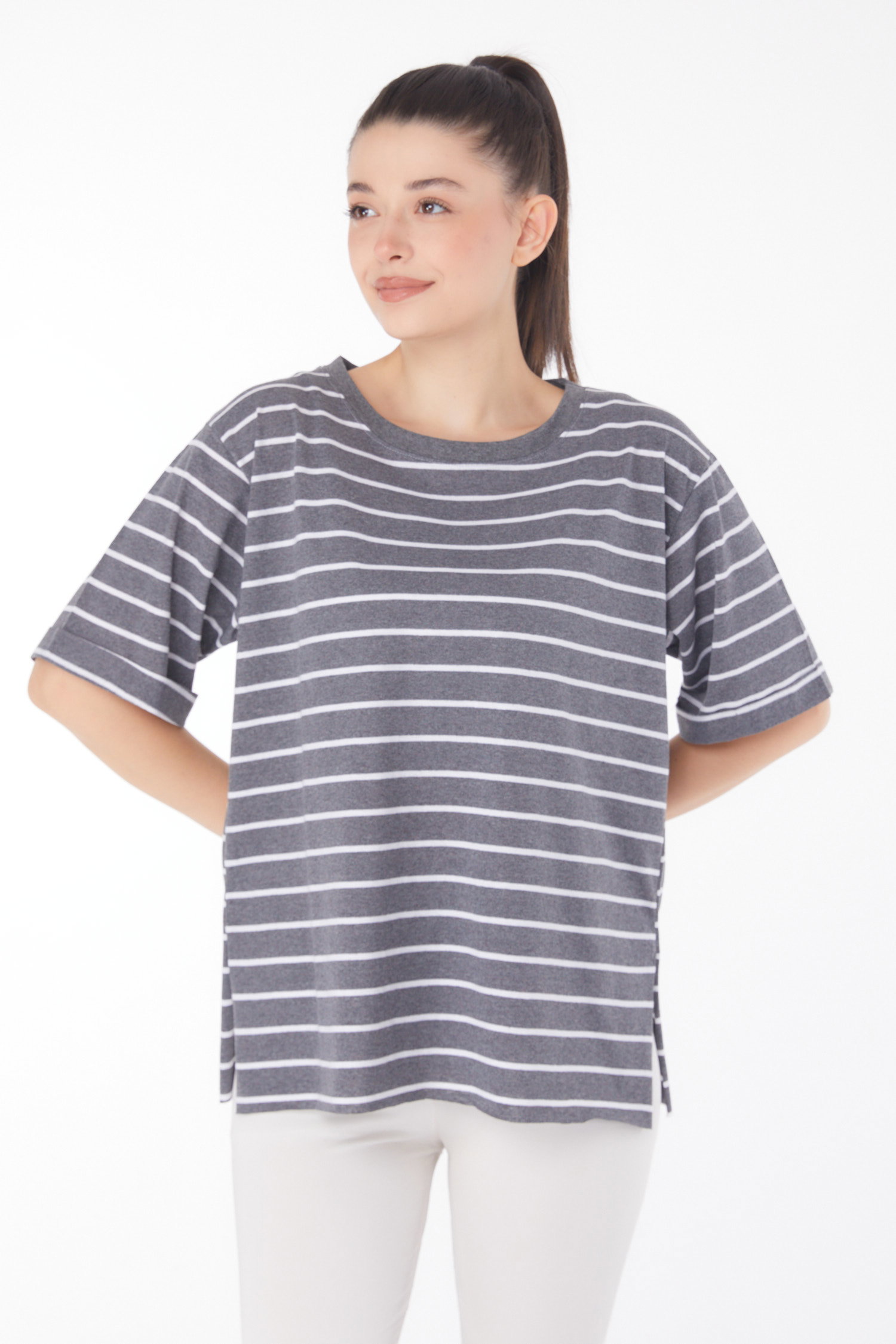 Çizgili Kısa Kollu T-shirt Füme - 25840 - 1