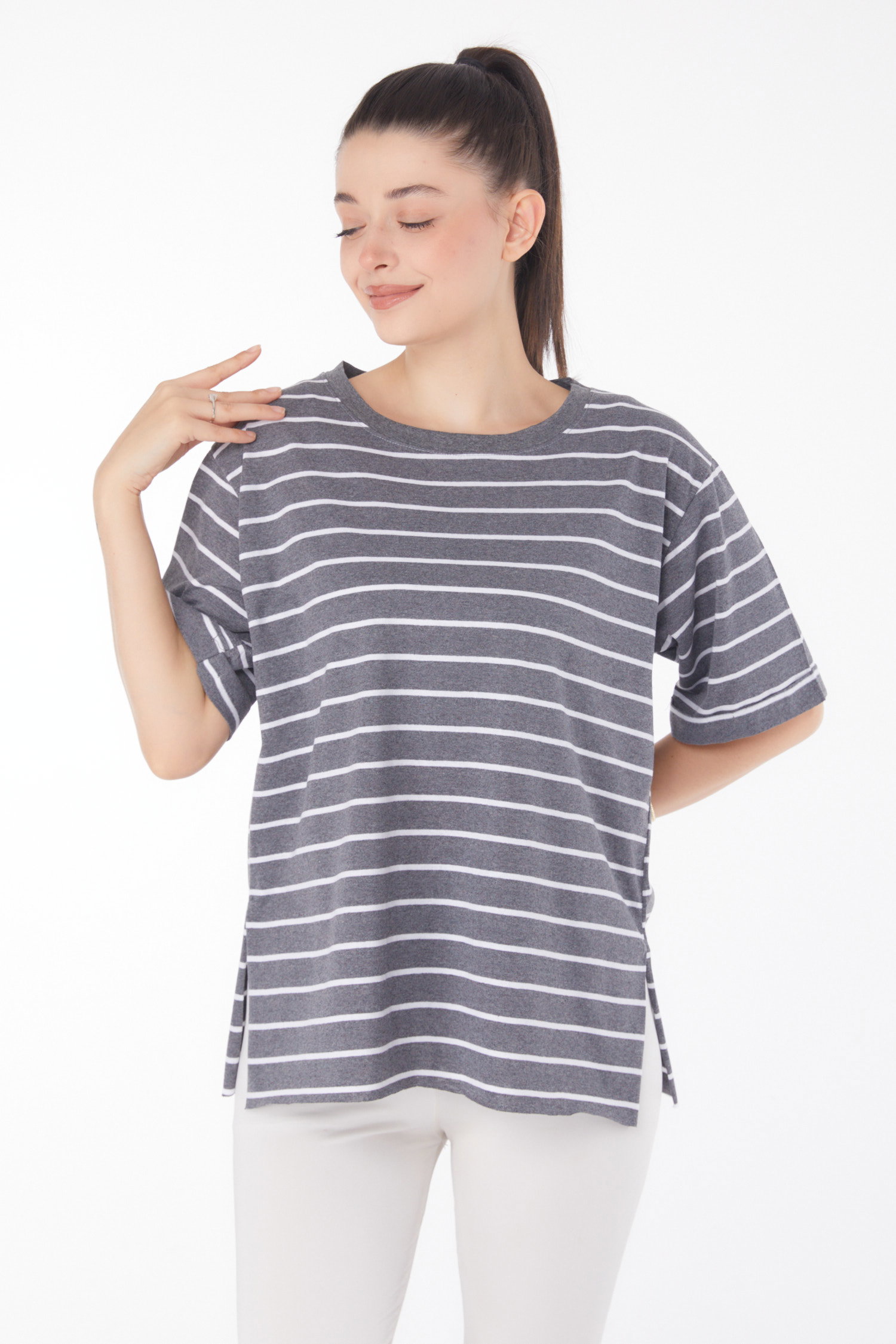 Çizgili Kısa Kollu T-shirt Füme - 25840 - 2